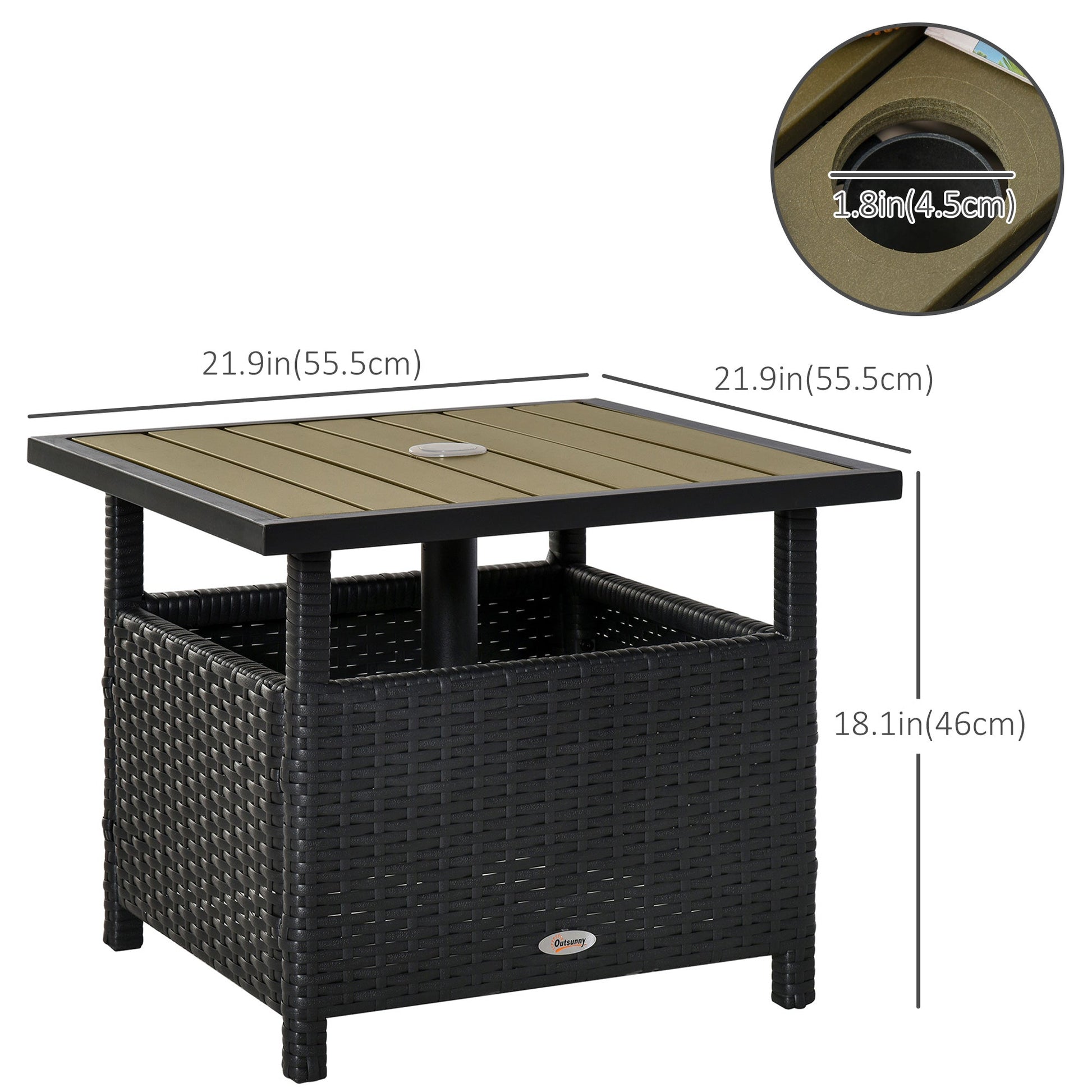 22" Square Steel PE Rattan Wicker Table With Umbrella Hole, Outdoor Patio Accent Dining Side Table Used as Umbrella Stand, Black