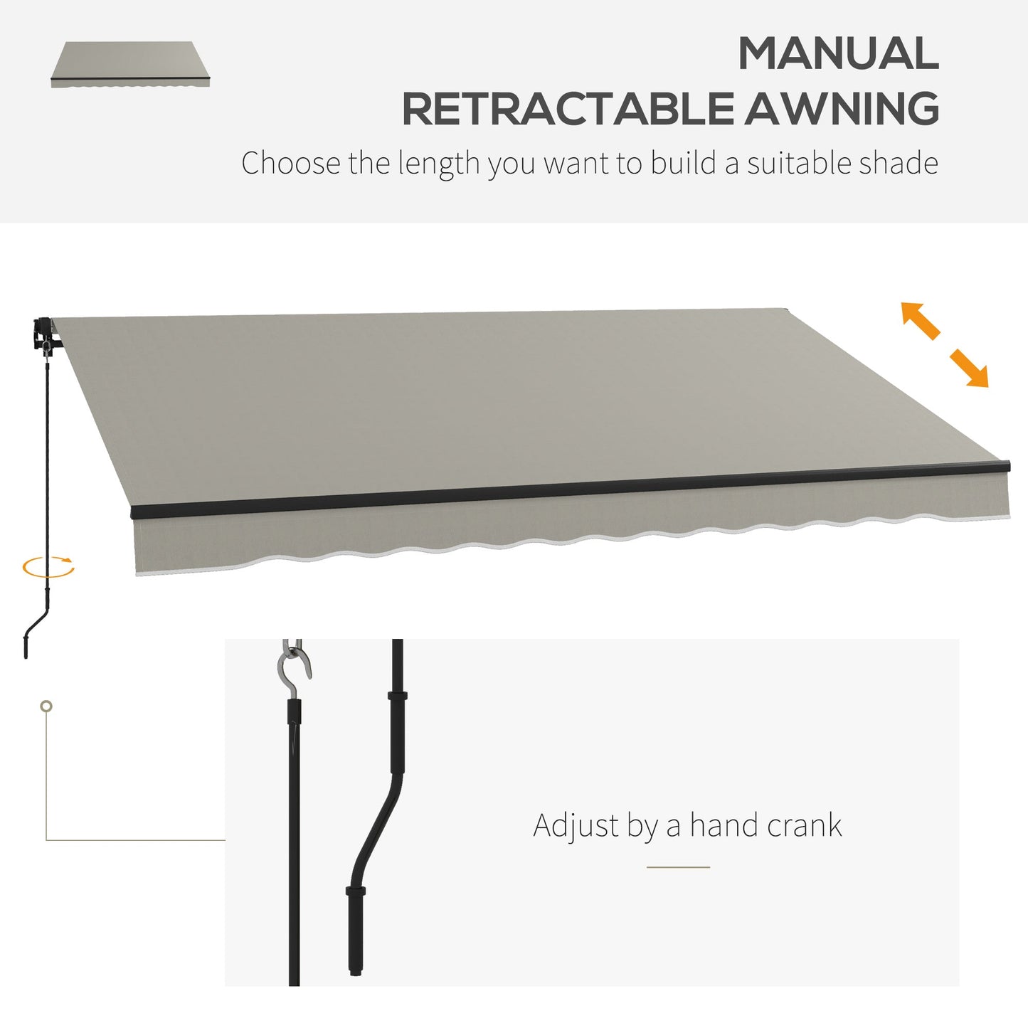  12' x 10' Retractable Awning, Patio Awning Sunshade Shelter with Manual Crank Handle, 280gsm UV Resistant Fabric and Aluminum Frame, for Balcony, Yard, Light Grey