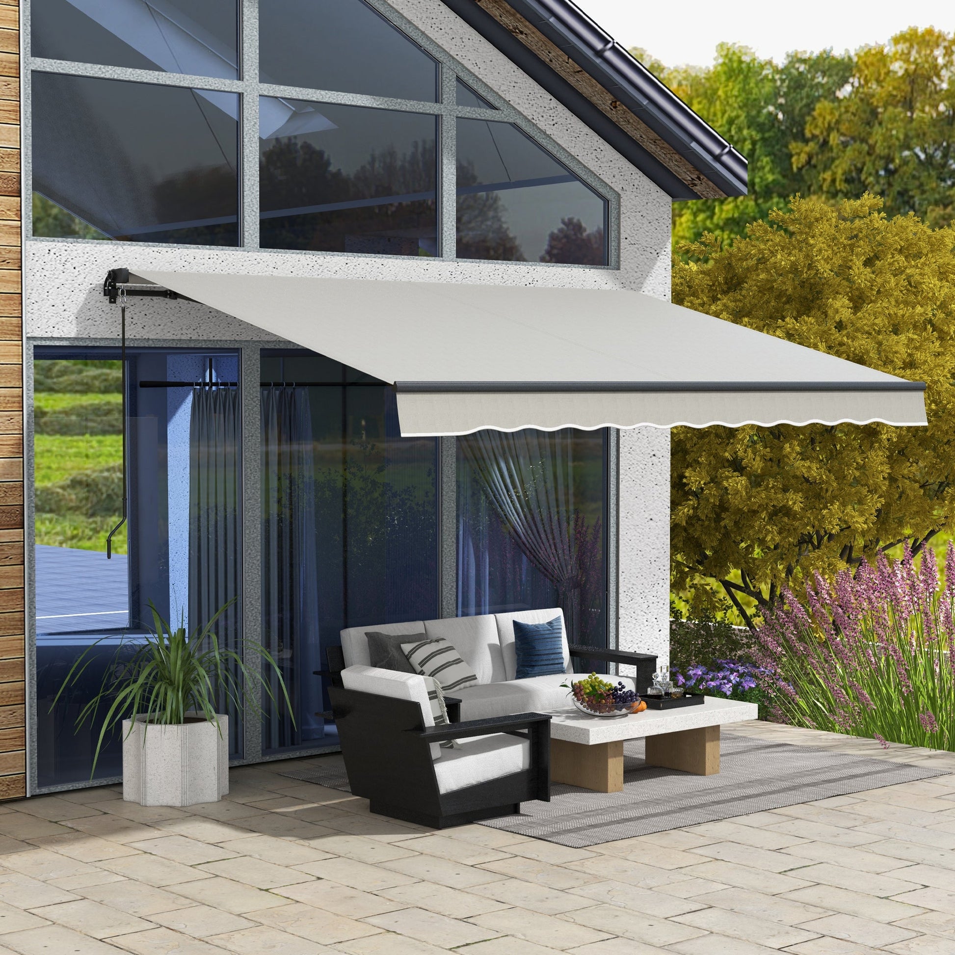  12' x 10' Retractable Awning, Patio Awning Sunshade Shelter with Manual Crank Handle, 280gsm UV Resistant Fabric and Aluminum Frame, for Balcony, Yard, Light Grey