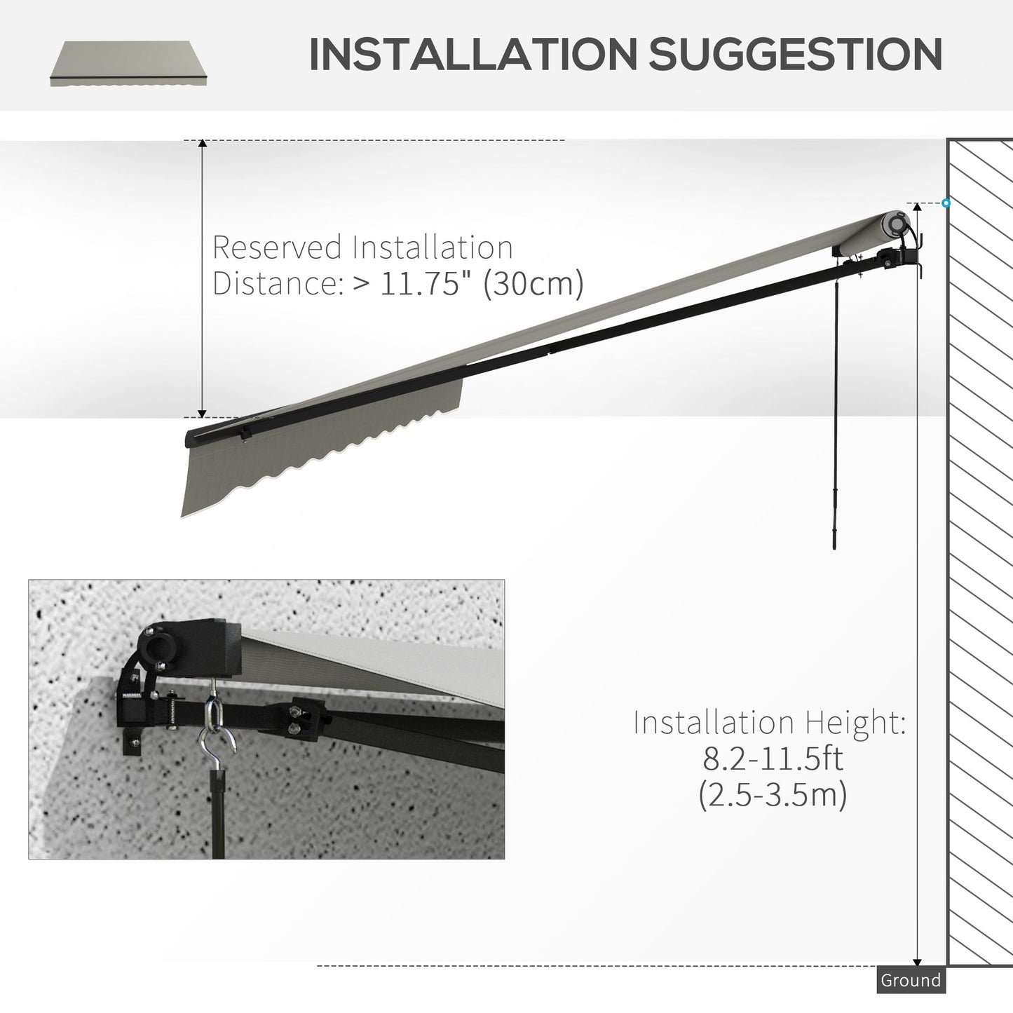  12' x 10' Retractable Awning, Patio Awning Sunshade Shelter with Manual Crank Handle, 280gsm UV Resistant Fabric and Aluminum Frame, for Balcony, Yard, Light Grey