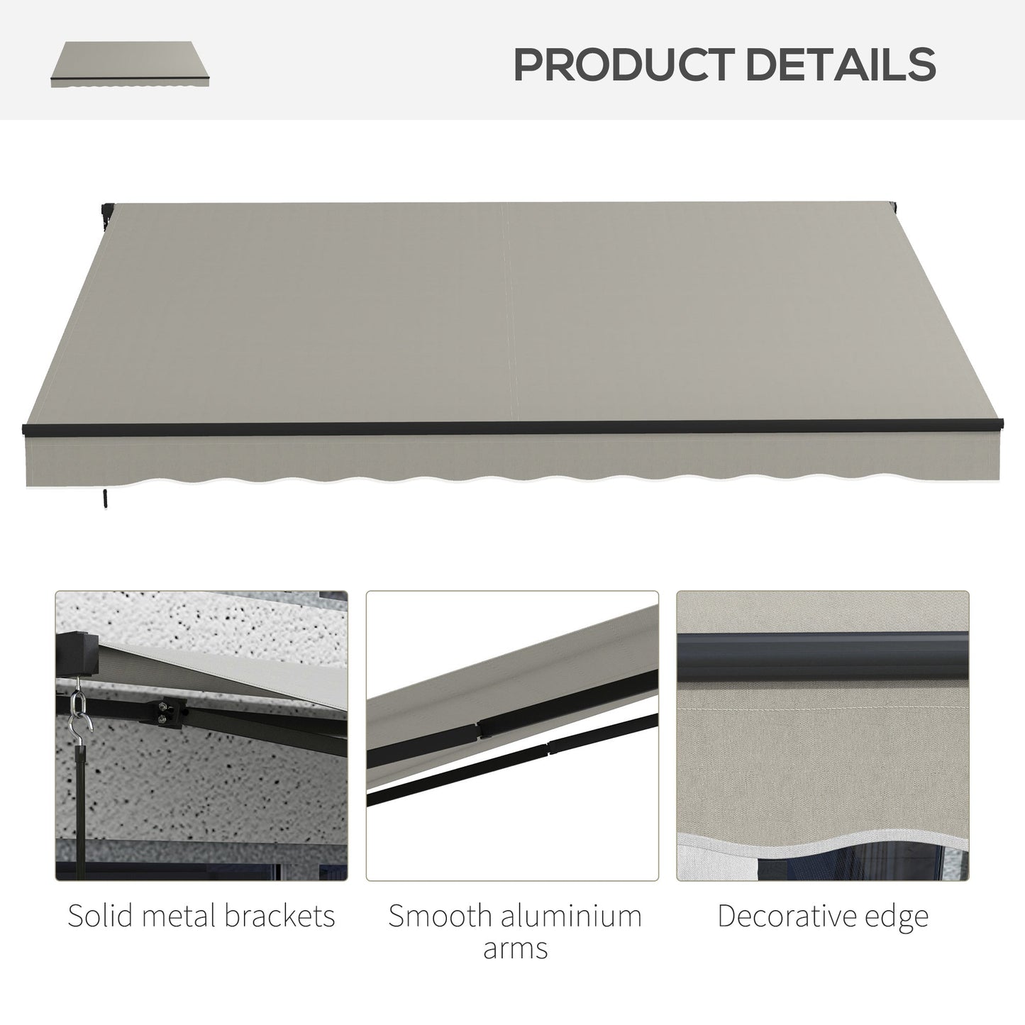  12' x 10' Retractable Awning, Patio Awning Sunshade Shelter with Manual Crank Handle, 280gsm UV Resistant Fabric and Aluminum Frame, for Balcony, Yard, Light Grey