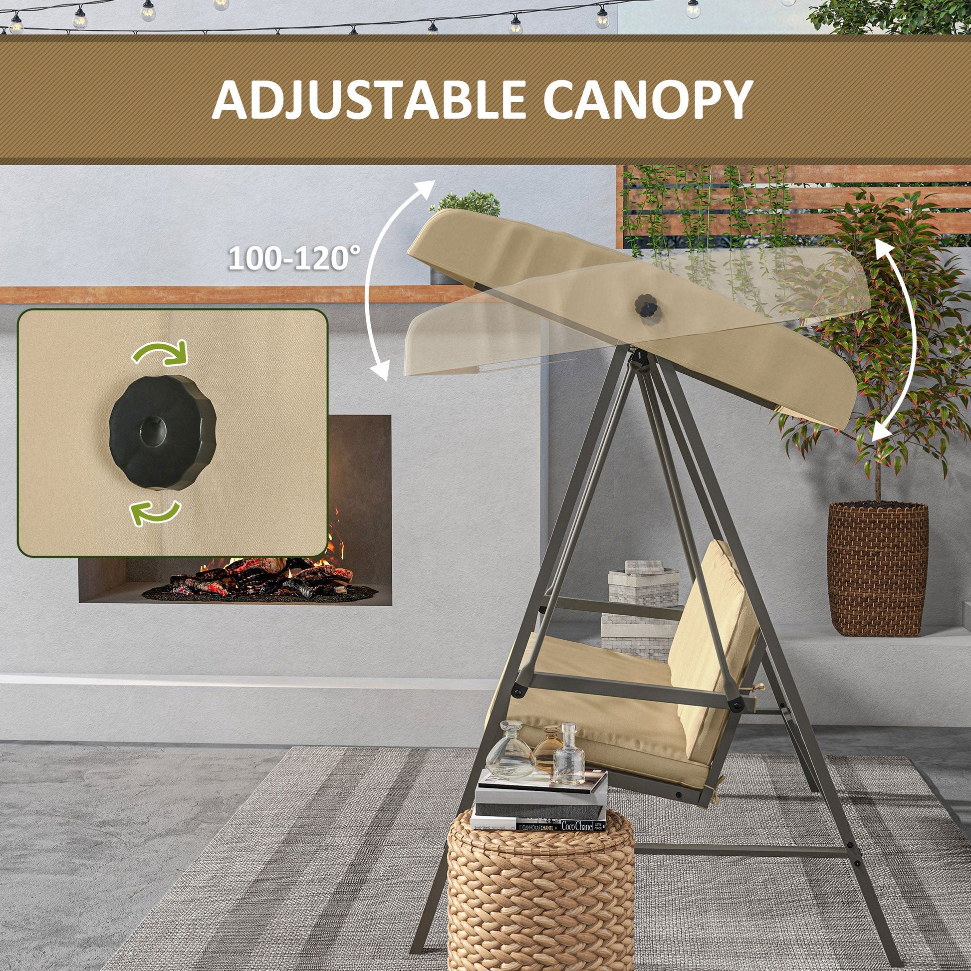 3 Seater Patio Swing Chair, Porch Swing with Adjustable Canopy, Removable Cushions and Steel Frame, Outdoor Swing Seat for Garden, Backyard, Lawn, Beige