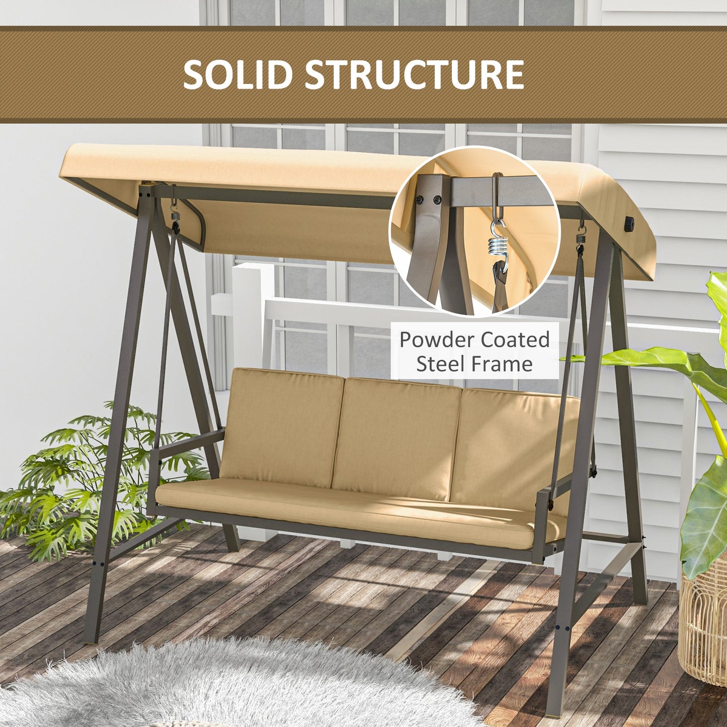 3 Seater Patio Swing Chair, Porch Swing with Adjustable Canopy, Removable Cushions and Steel Frame, Outdoor Swing Seat for Garden, Backyard, Lawn, Beige