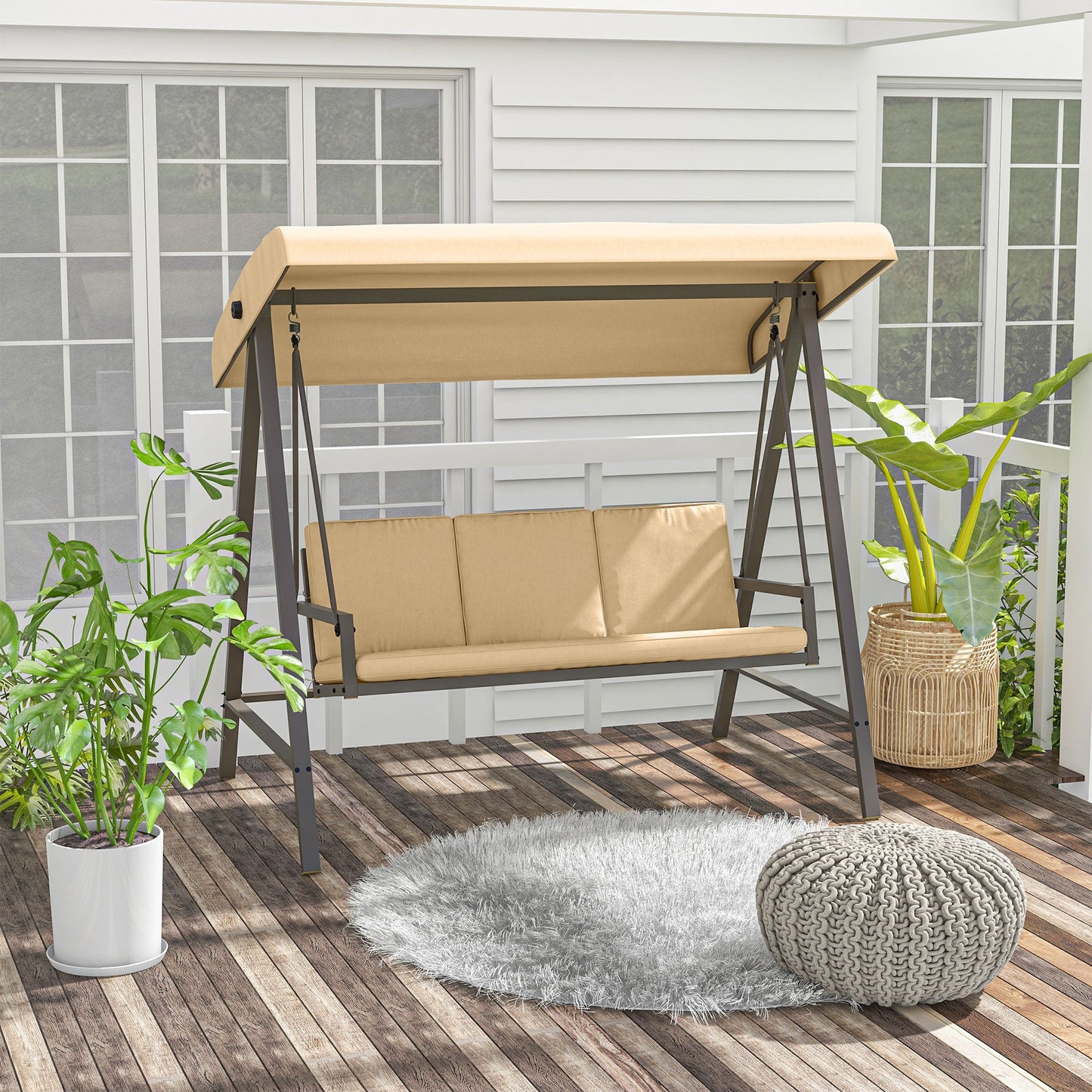 3 Seater Patio Swing Chair, Porch Swing with Adjustable Canopy, Removable Cushions and Steel Frame, Outdoor Swing Seat for Garden, Backyard, Lawn, Beige