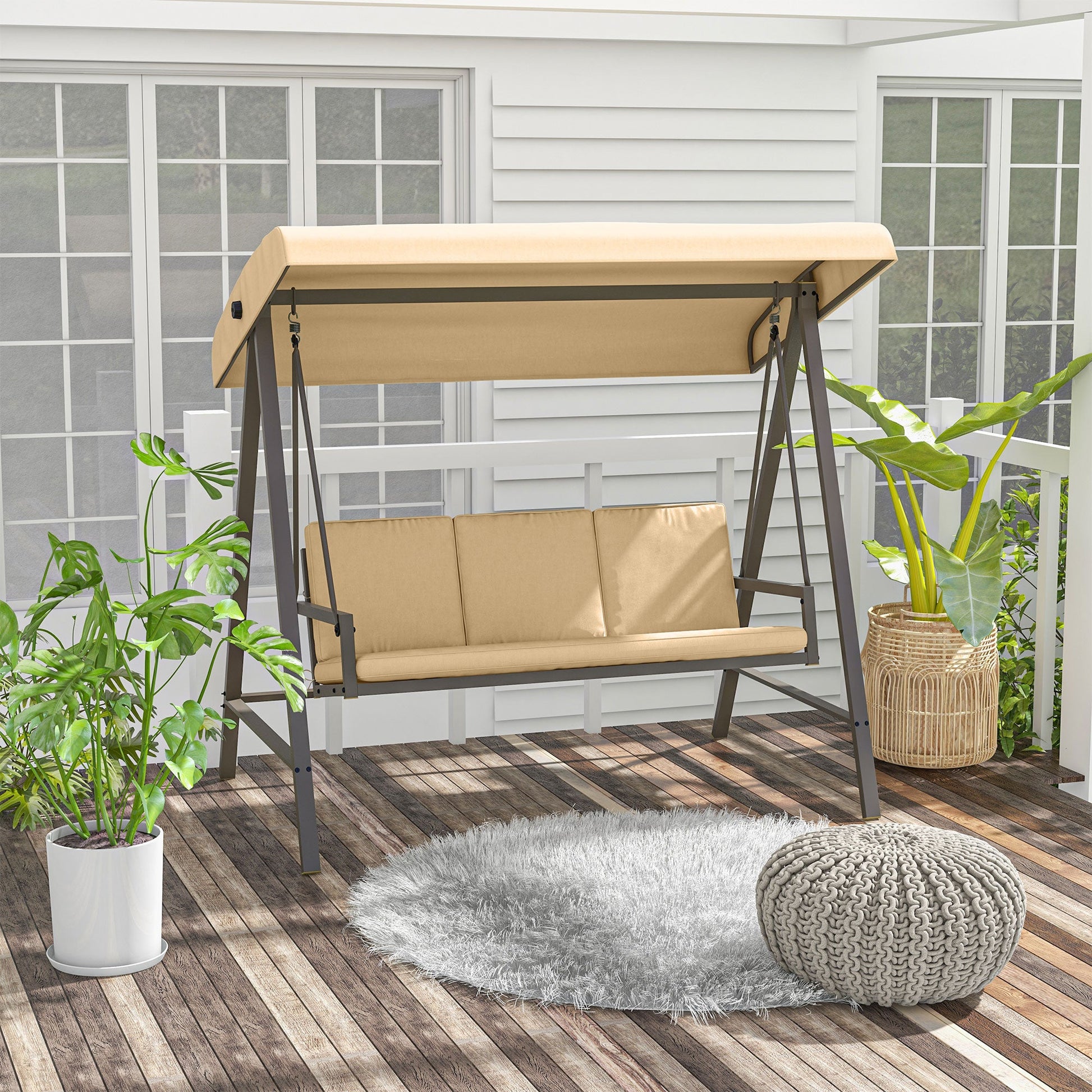 3 Seater Patio Swing Chair, Porch Swing with Adjustable Canopy, Removable Cushions and Steel Frame, Outdoor Swing Seat for Garden, Backyard, Lawn, Beige