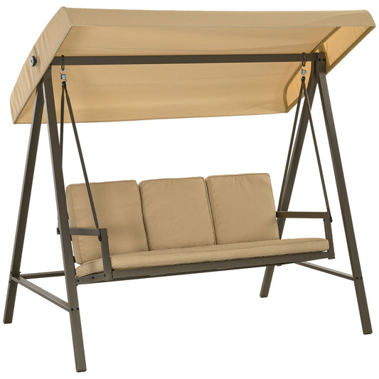3 Seater Patio Swing Chair, Porch Swing with Adjustable Canopy, Removable Cushions and Steel Frame, Outdoor Swing Seat for Garden, Backyard, Lawn, Beige