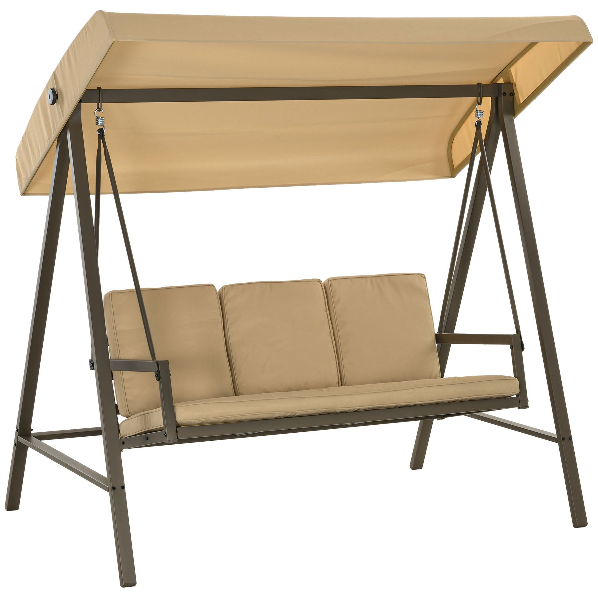 3 Seater Patio Swing Chair, Porch Swing with Adjustable Canopy, Removable Cushions and Steel Frame, Outdoor Swing Seat for Garden, Backyard, Lawn, Beige