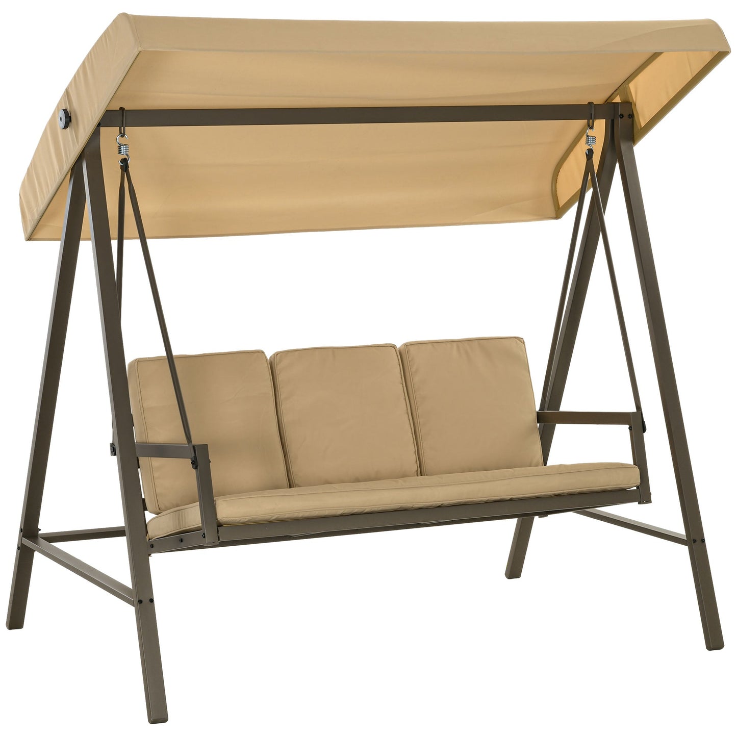 3 Seater Patio Swing Chair, Porch Swing with Adjustable Canopy, Removable Cushions and Steel Frame, Outdoor Swing Seat for Garden, Backyard, Lawn, Beige