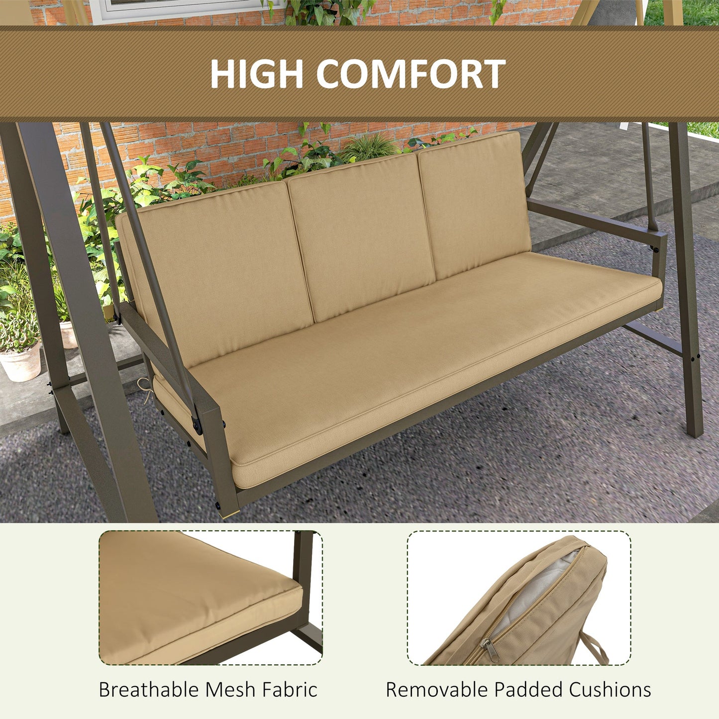 3 Seater Patio Swing Chair, Porch Swing with Adjustable Canopy, Removable Cushions and Steel Frame, Outdoor Swing Seat for Garden, Backyard, Lawn, Beige