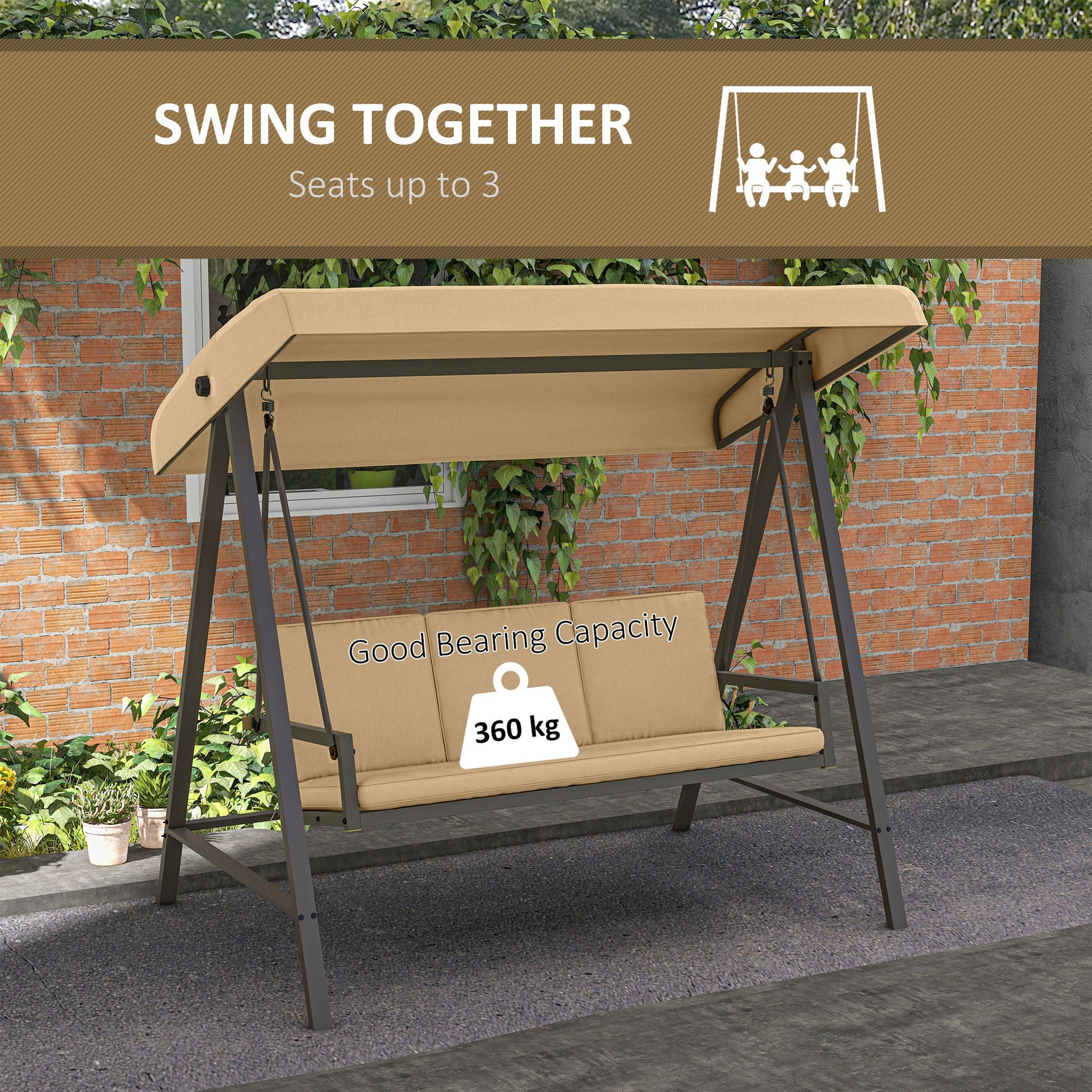 3 Seater Patio Swing Chair, Porch Swing with Adjustable Canopy, Removable Cushions and Steel Frame, Outdoor Swing Seat for Garden, Backyard, Lawn, Beige