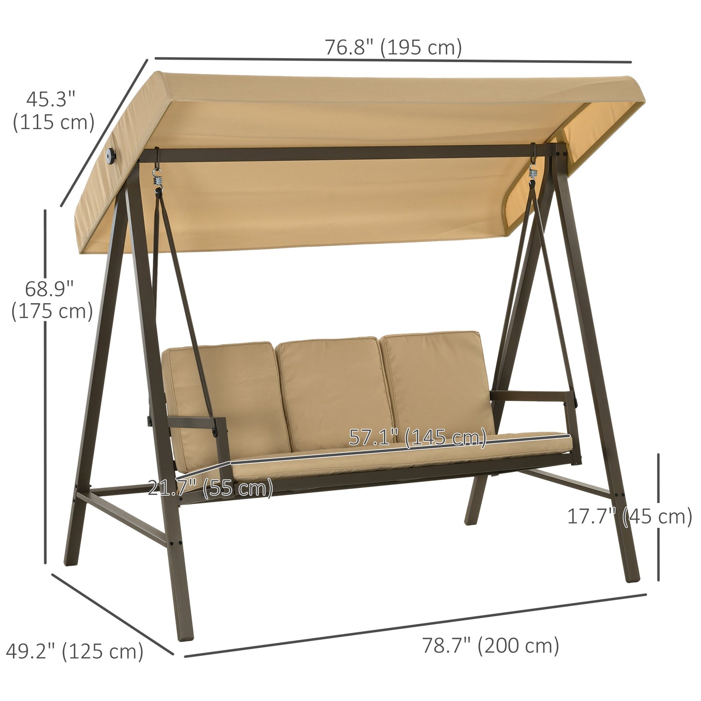 3 Seater Patio Swing Chair, Porch Swing with Adjustable Canopy, Removable Cushions and Steel Frame, Outdoor Swing Seat for Garden, Backyard, Lawn, Beige