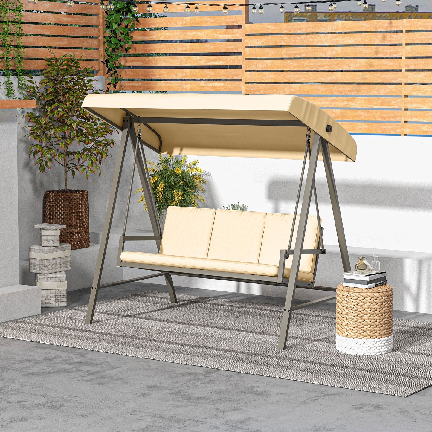 3 Seater Patio Swing Chair, Porch Swing with Adjustable Canopy, Removable Cushions and Steel Frame, Outdoor Swing Seat for Garden, Backyard, Lawn, Beige