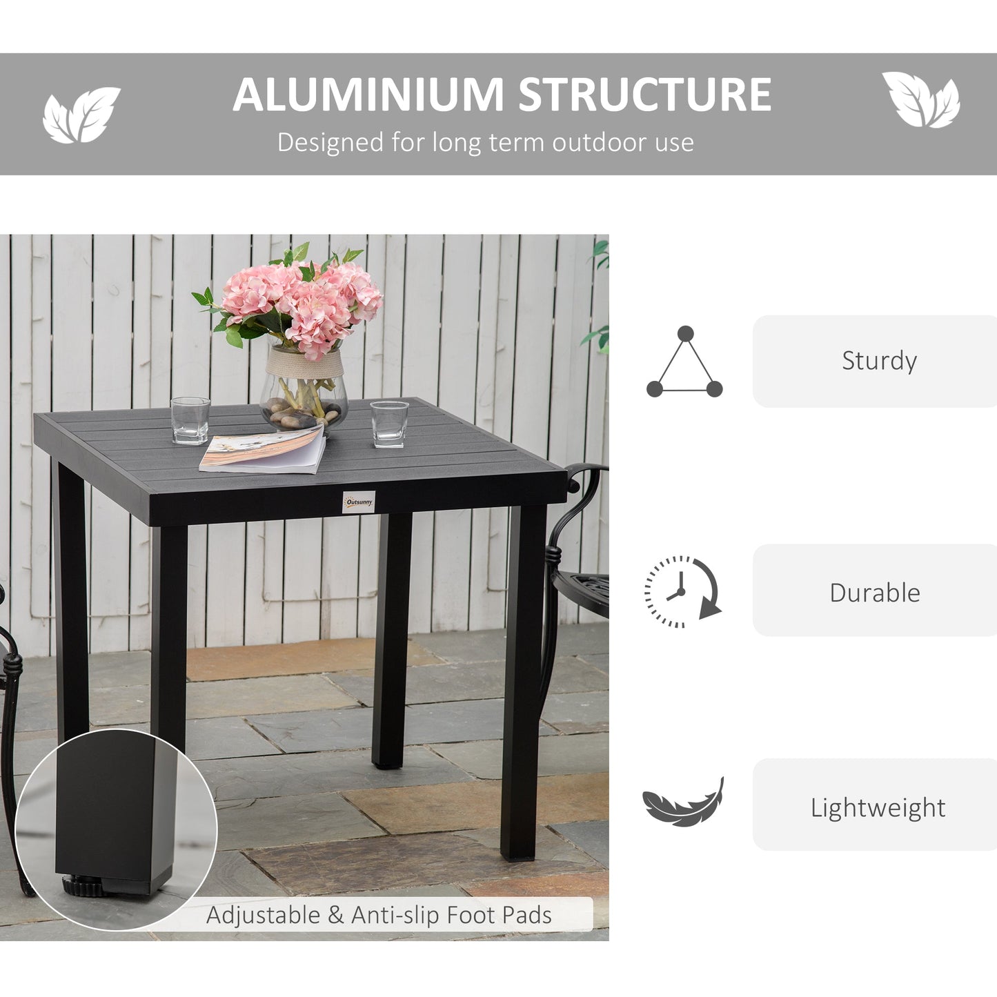 Outdoor Dining Table for 4 People, Square Patio Table with Aluminum Metal Legs for Garden, Lawn, Woodgrain Black