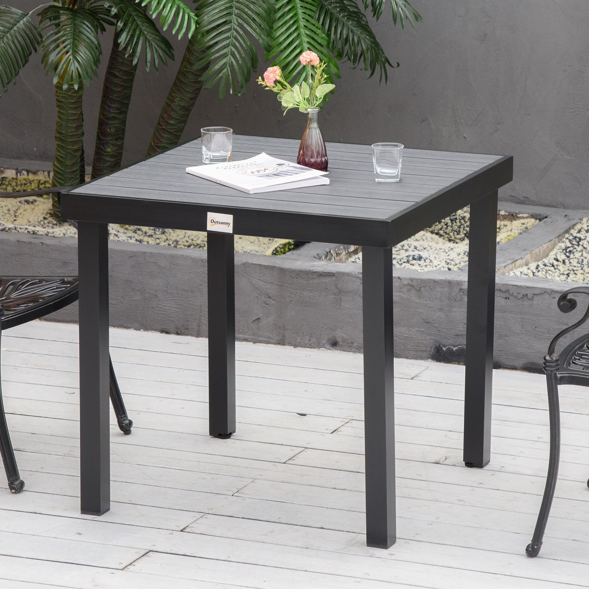 Outdoor Dining Table for 4 People, Square Patio Table with Aluminum Metal Legs for Garden, Lawn, Woodgrain Black