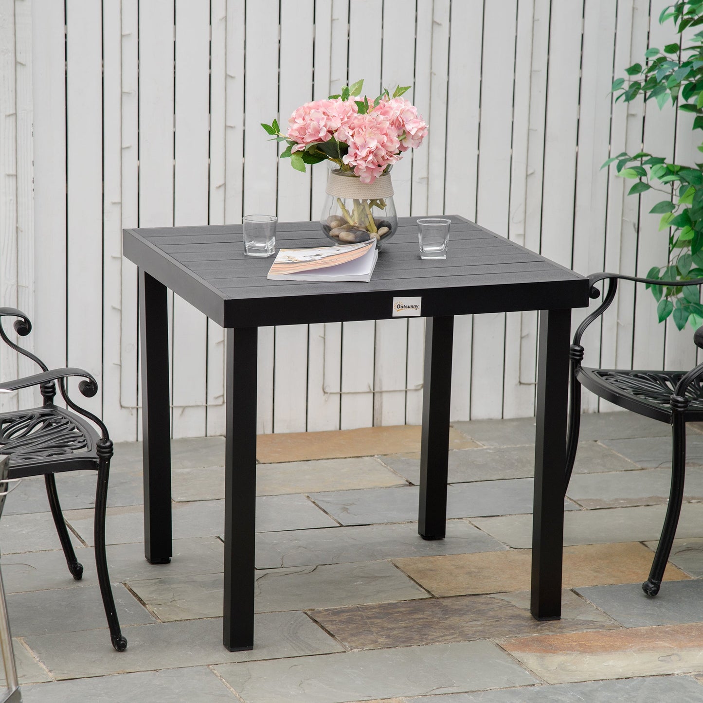Outdoor Dining Table for 4 People, Square Patio Table with Aluminum Metal Legs for Garden, Lawn, Woodgrain Black