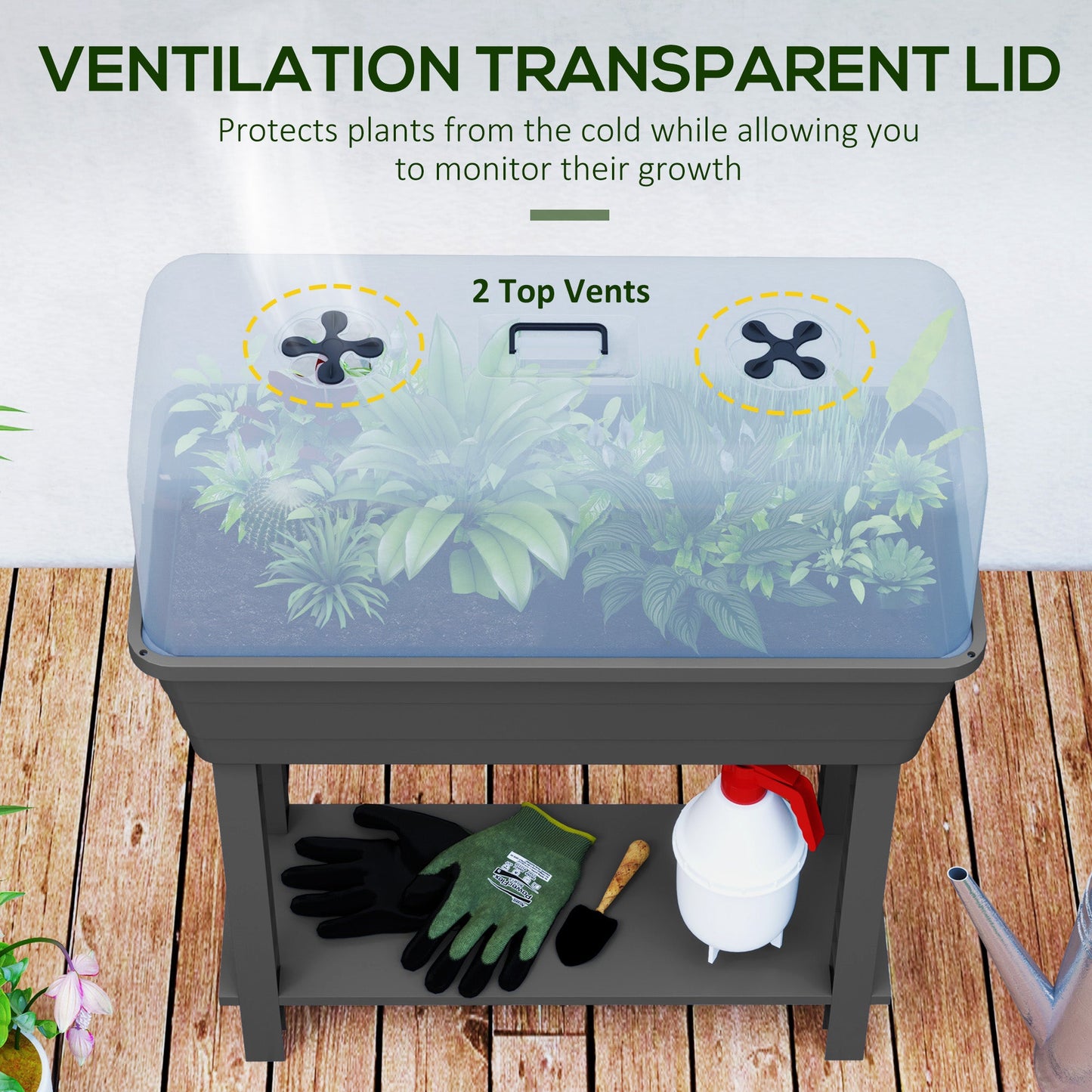 41L Self Watering Raised Garden Bed with Ventilation Transparent Lid Greenhouse, Storage Shelf, Planter Box with Water Level Indicator, 29.5" x 14.2" x 36.2", Dark Grey