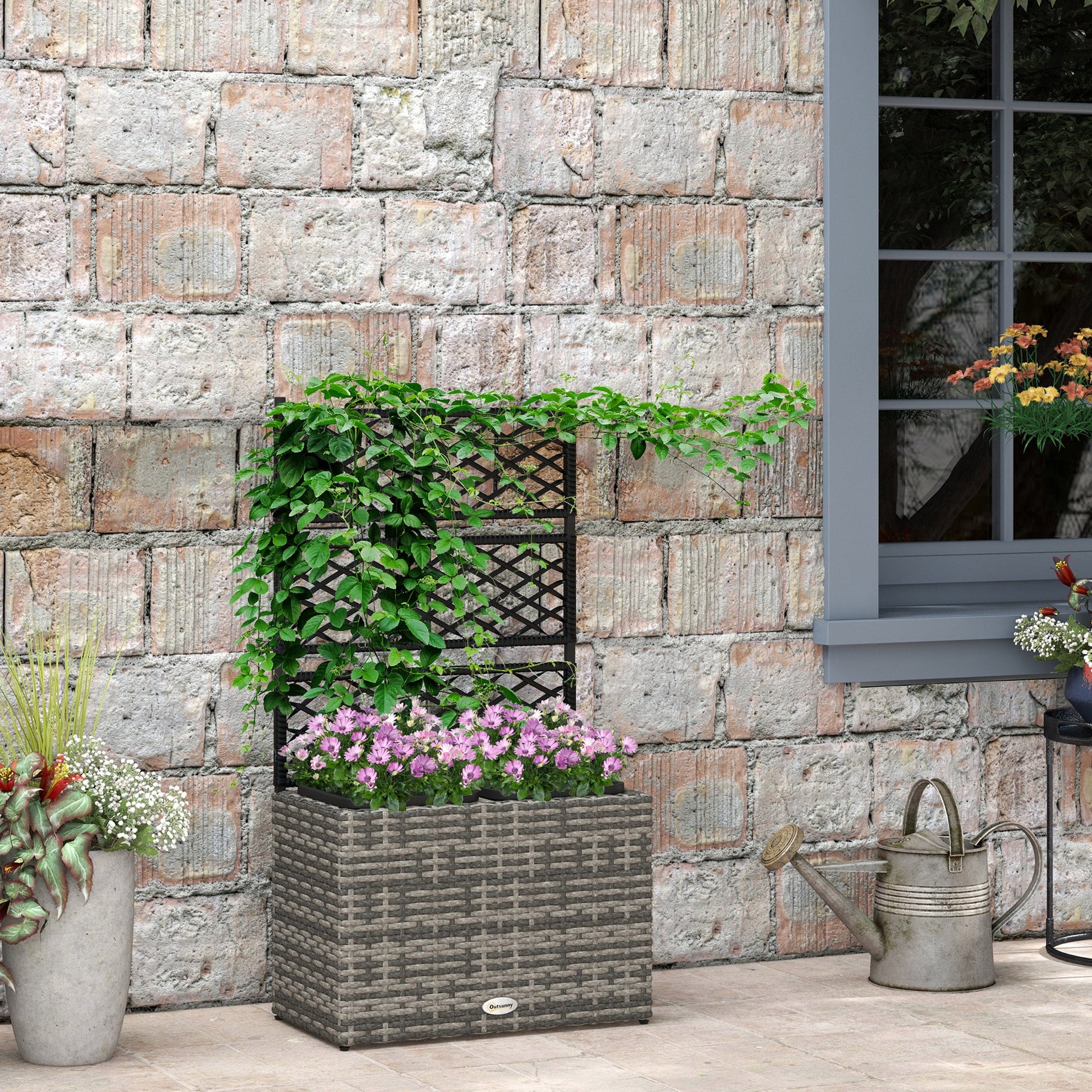 22L Raised Garden Box with Trellis, PE Rattan Free Standing Flower Raised Garden Bed with Two Plant Boxes, Garden Planter Box for Climbing Plants, Mixed Grey