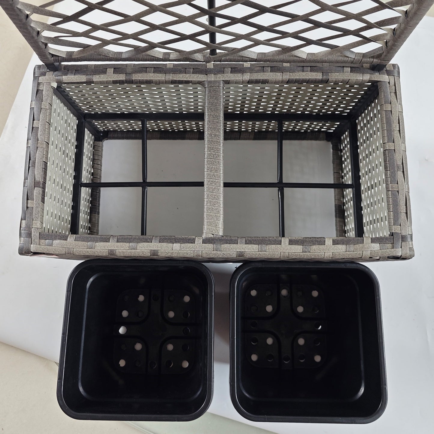 22L Raised Garden Box with Trellis, PE Rattan Free Standing Flower Raised Garden Bed with Two Plant Boxes, Garden Planter Box for Climbing Plants, Mixed Grey