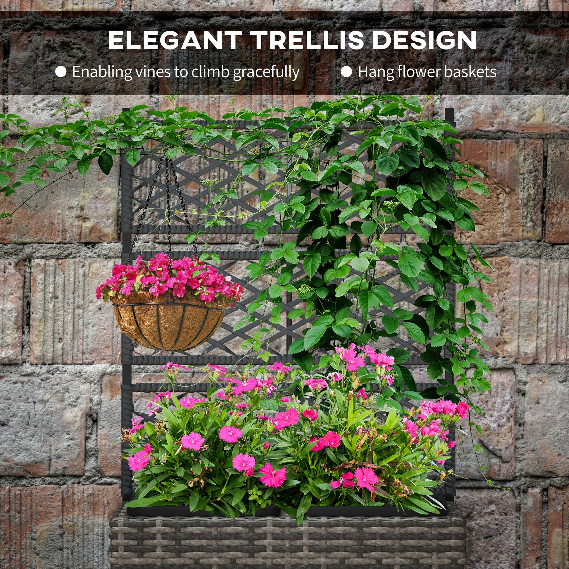 22L Raised Garden Box with Trellis, PE Rattan Free Standing Flower Raised Garden Bed with Two Plant Boxes, Garden Planter Box for Climbing Plants, Mixed Grey
