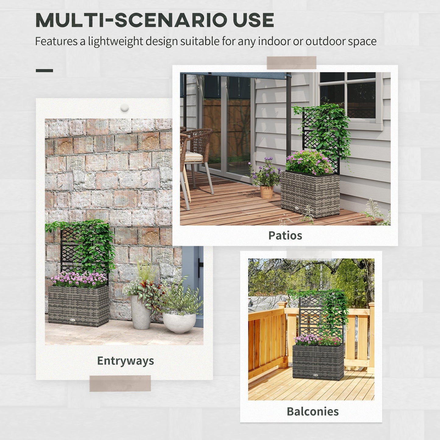 22L Raised Garden Box with Trellis, PE Rattan Free Standing Flower Raised Garden Bed with Two Plant Boxes, Garden Planter Box for Climbing Plants, Mixed Grey