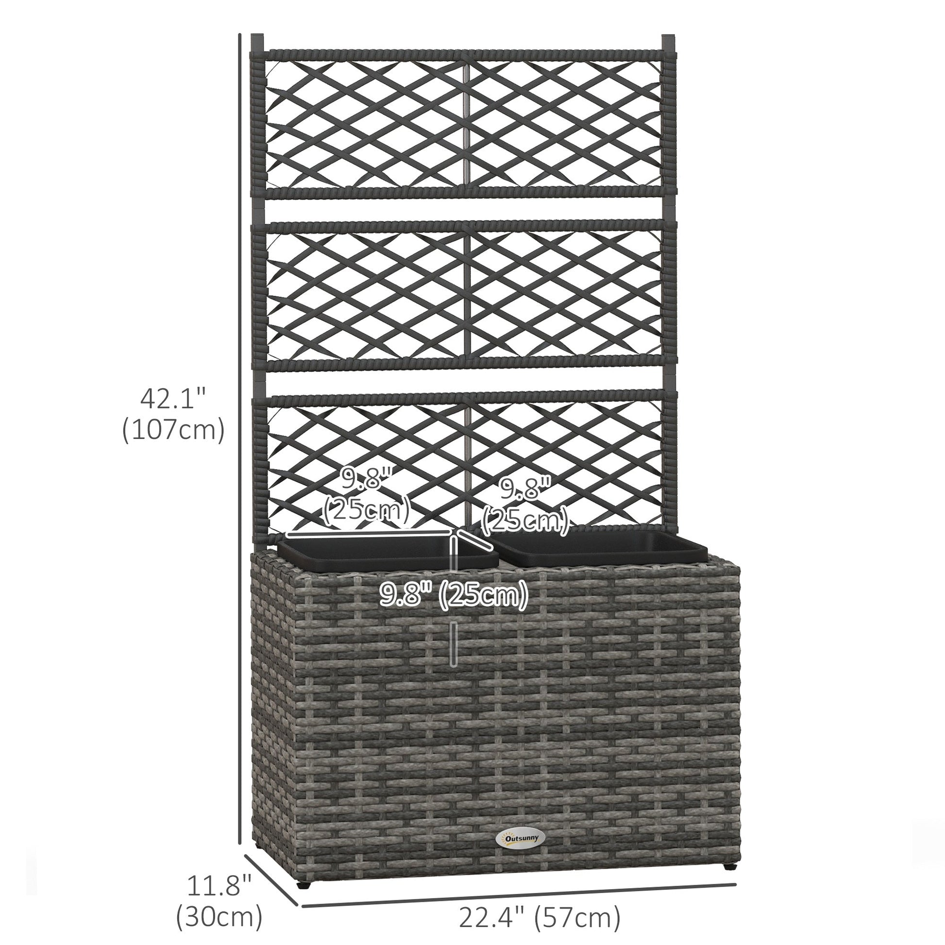 22L Raised Garden Box with Trellis, PE Rattan Free Standing Flower Raised Garden Bed with Two Plant Boxes, Garden Planter Box for Climbing Plants, Mixed Grey