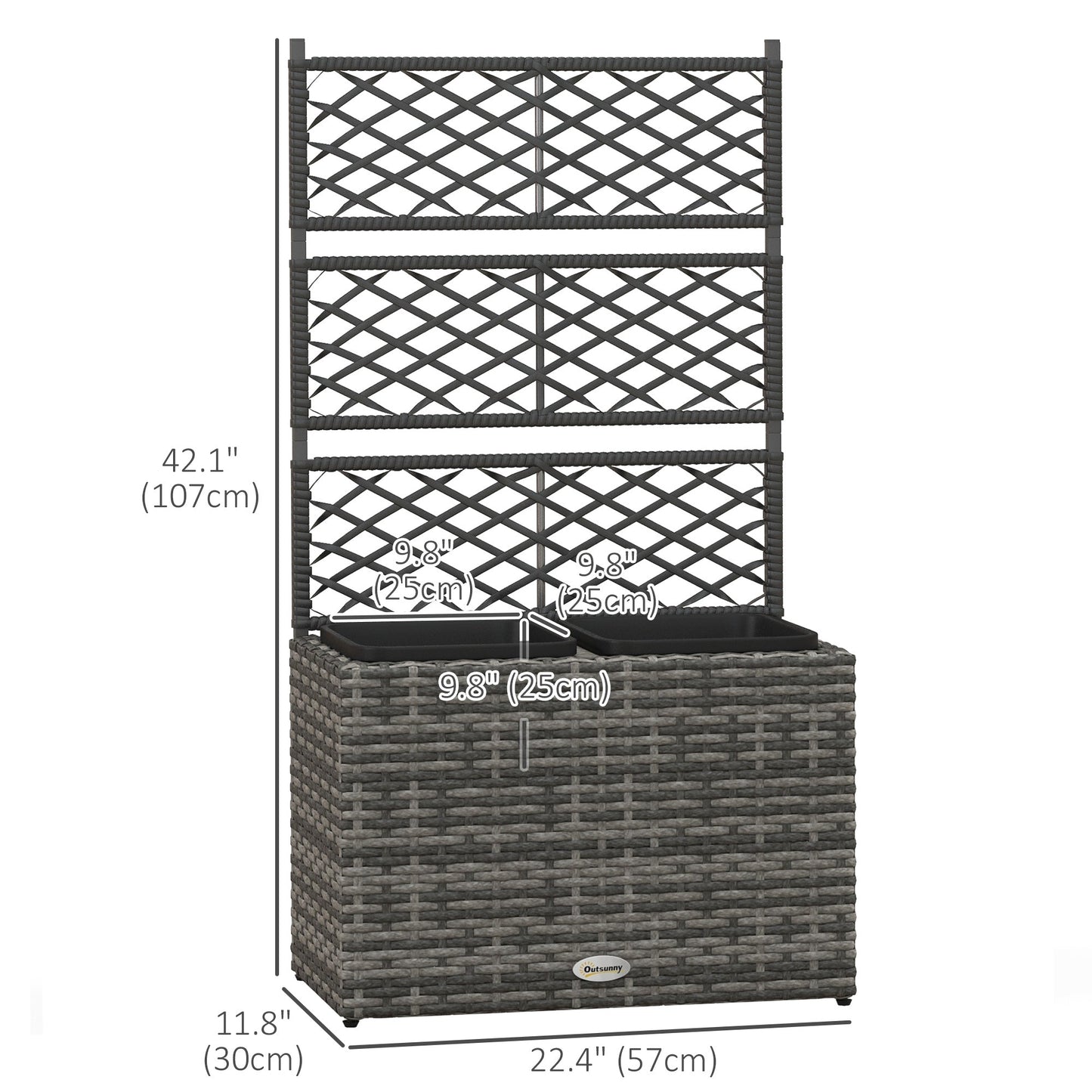 22L Raised Garden Box with Trellis, PE Rattan Free Standing Flower Raised Garden Bed with Two Plant Boxes, Garden Planter Box for Climbing Plants, Mixed Grey