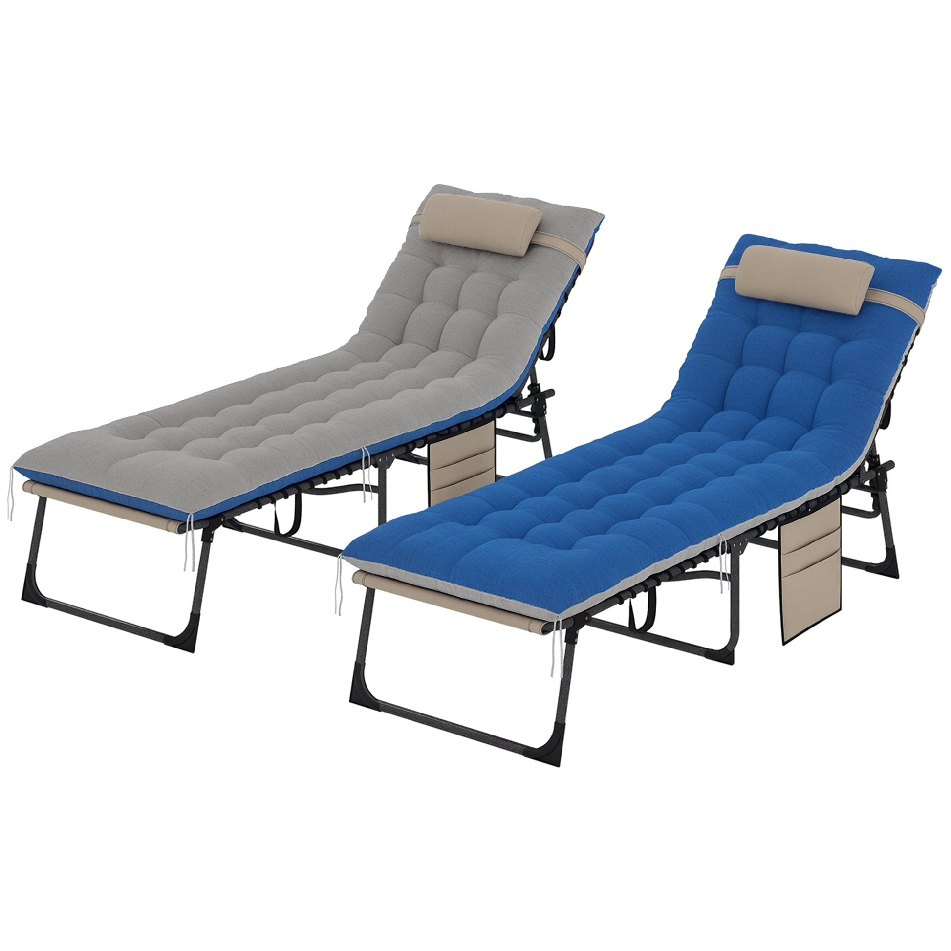 Folding Outdoor Lounge Chair Set of 2, 5-Position Reclining Patio Chaise Lounge Chairs, Tanning Chair with Cushion, Headrest, Side Pocket for Beach, Poolside, Brown/Blue