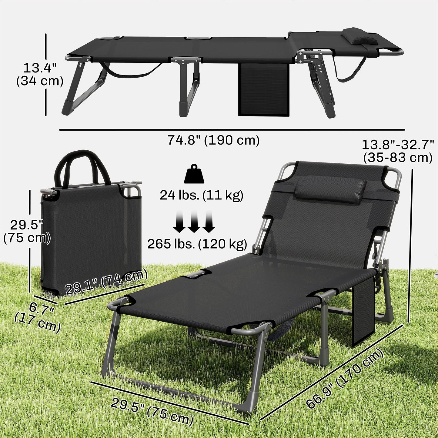 Lounge Chair Outdoor, 75 cm Wide Folding Chaise Lounge Tanning Chair, 5-Position Beach Patio Lounger Camping Cot Bed with Cushion, Side Pocket, Dark Grey/Blue