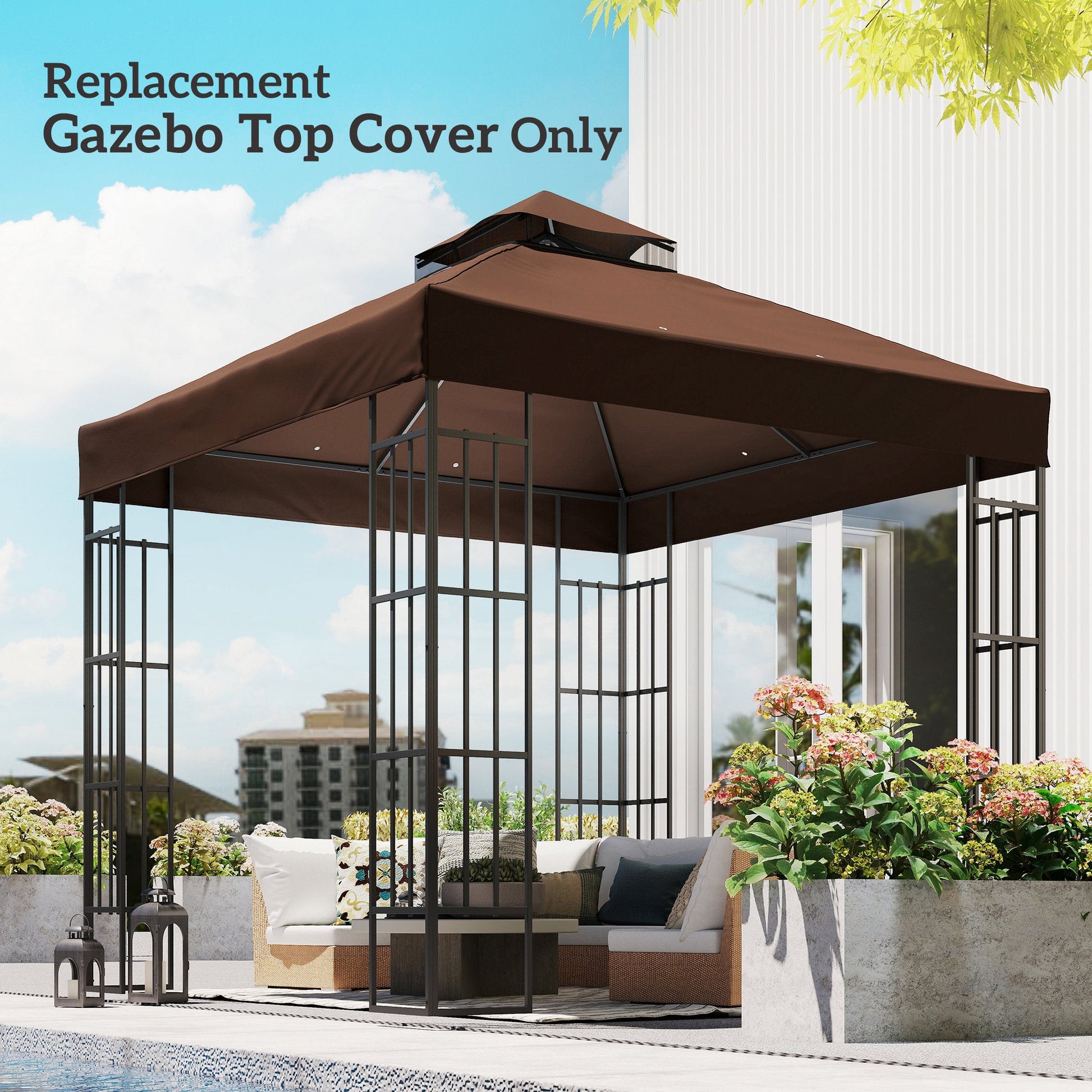 10' x 10' Gazebo Replacement Canopy Cover, 2-Tier Outdoor Gazebo Roof Replacement with Drain Holes, Water Resistant PVC Coating, 370g/㎡, UPF30+, TOP COVER ONLY, Coffee