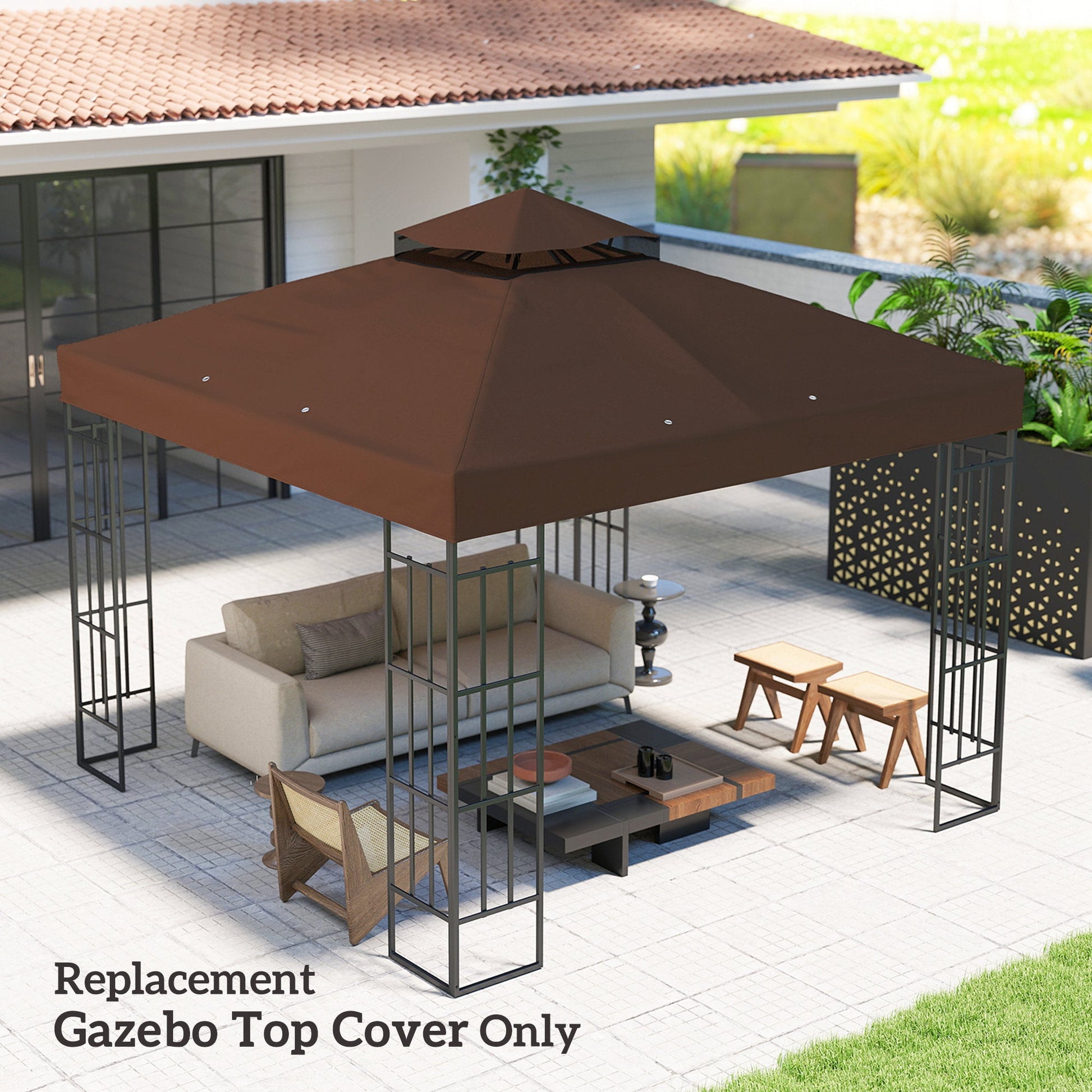 10' x 10' Gazebo Replacement Canopy Cover, 2-Tier Outdoor Gazebo Roof Replacement with Drain Holes, Water Resistant PVC Coating, 370g/㎡, UPF30+, TOP COVER ONLY, Coffee