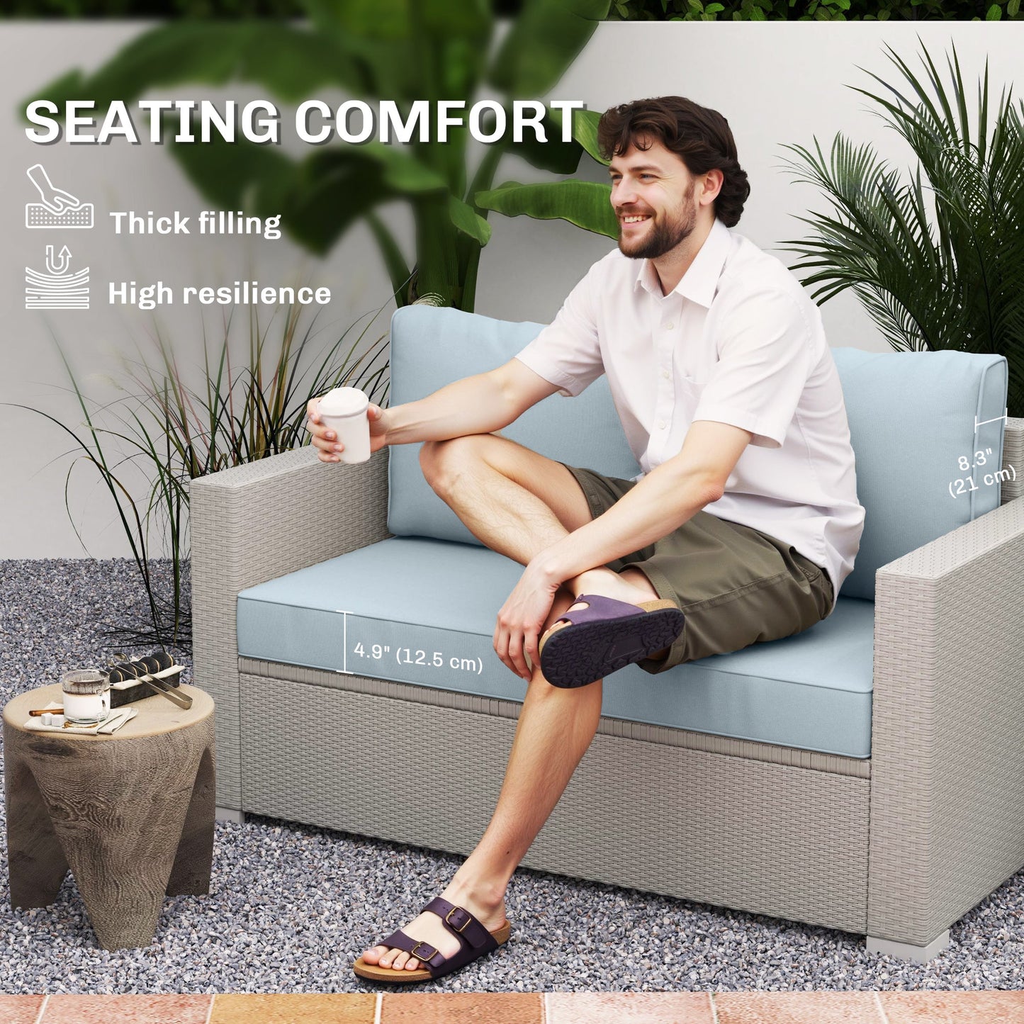 2 Seater Outdoor Seat Cushions with Backrest, Loveseat Double Sofa Outdoor Furniture Cushions, Fade-Resistant Replacement Patio Cushions for Indoor and Outdoor, Light Blue