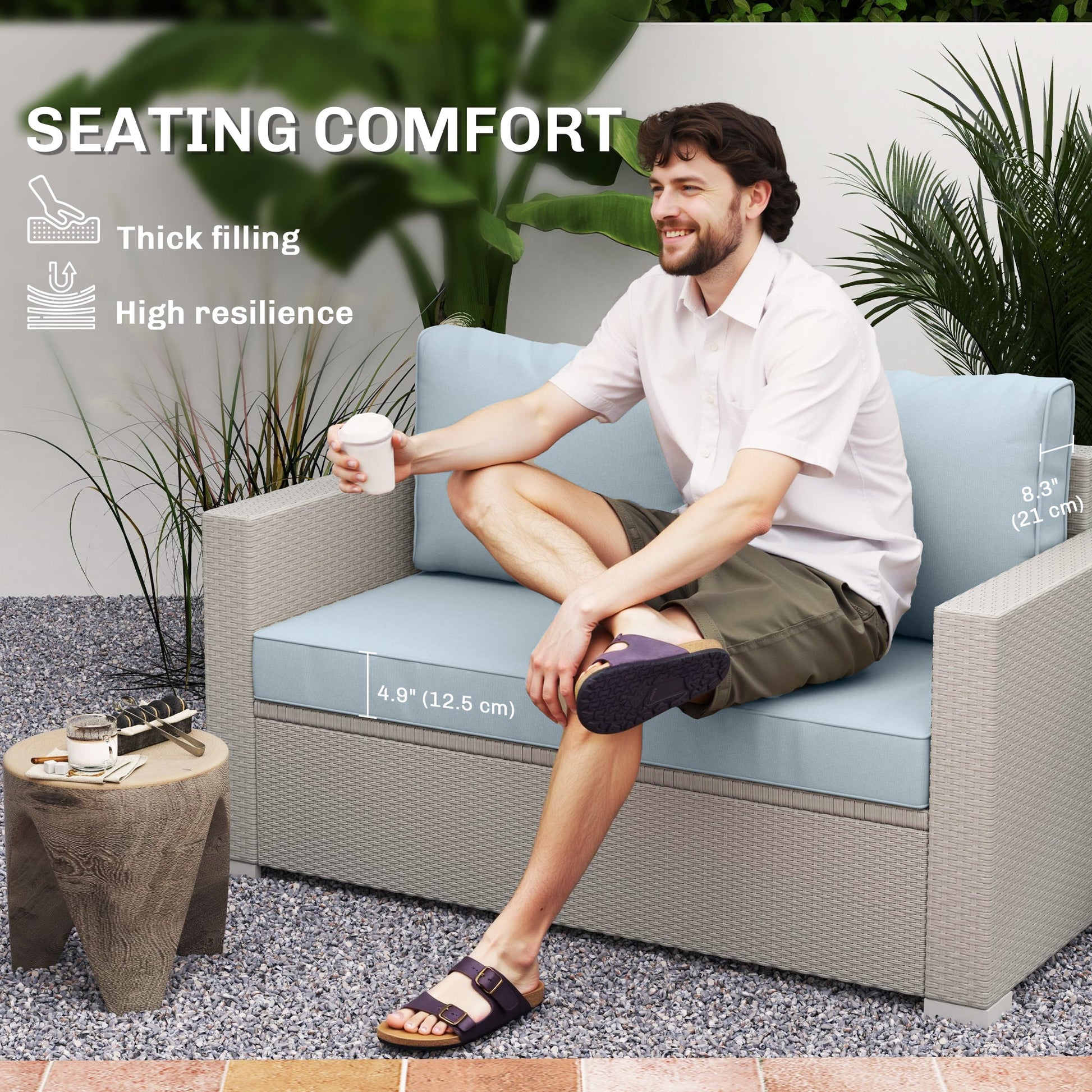 2 Seater Outdoor Seat Cushions with Backrest, Loveseat Double Sofa Outdoor Furniture Cushions, Fade-Resistant Replacement Patio Cushions for Indoor and Outdoor, Light Blue