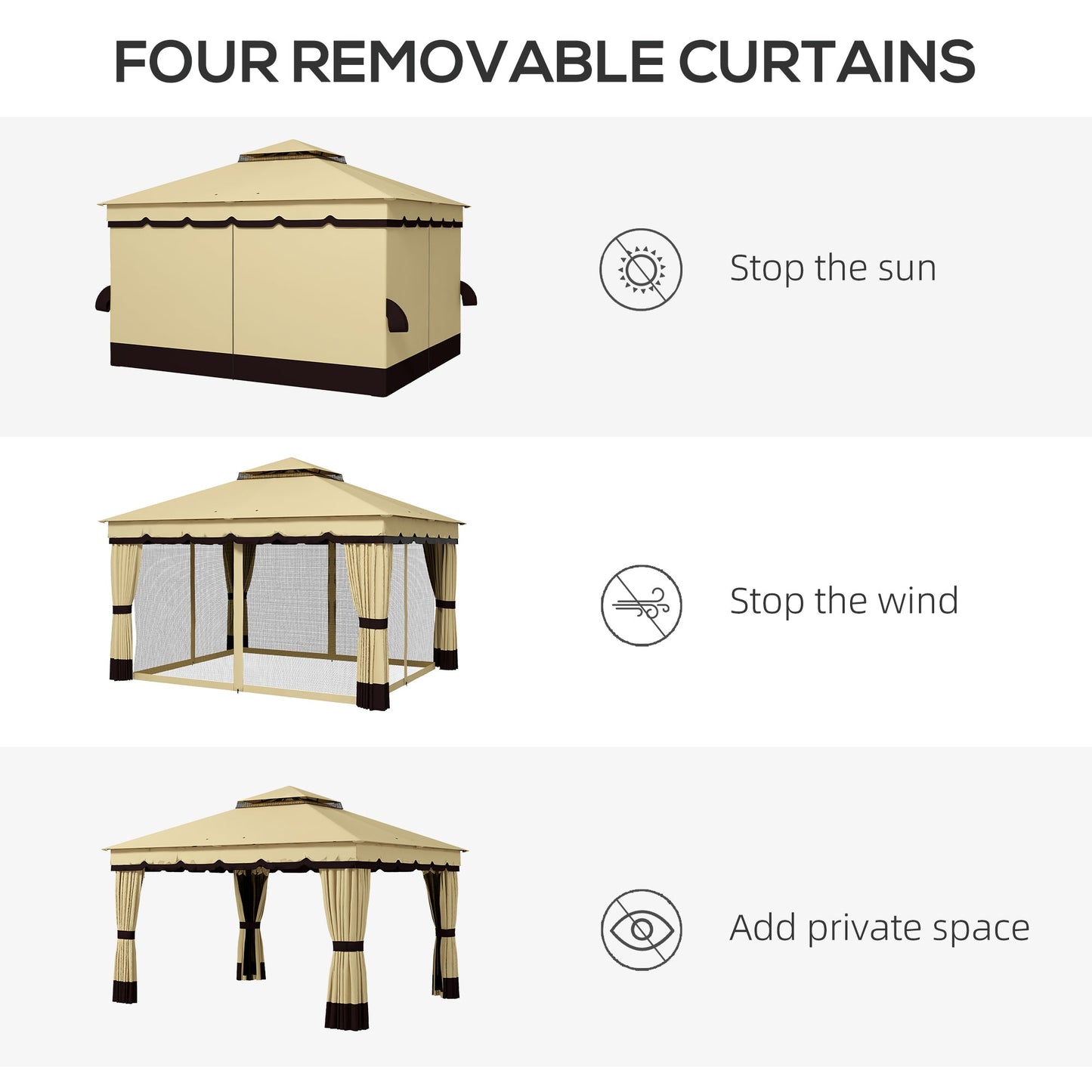  10' x 12' Patio Gazebo, Double Roof Outdoor Gazebo Canopy Shelter with Netting and Curtains, Solid Metal Frame for Garden, Lawn and Deck, Beige