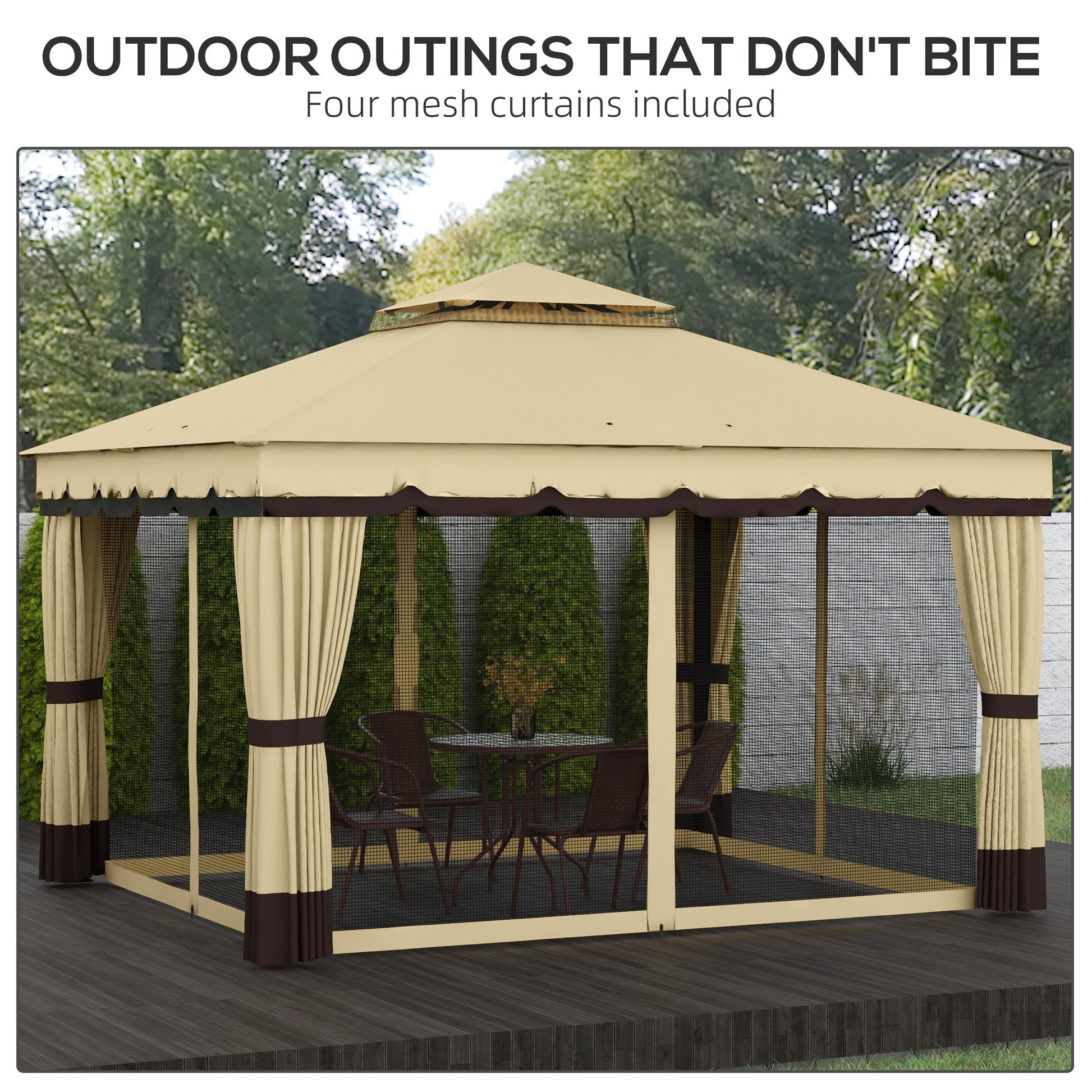  10' x 12' Patio Gazebo, Double Roof Outdoor Gazebo Canopy Shelter with Netting and Curtains, Solid Metal Frame for Garden, Lawn and Deck, Beige