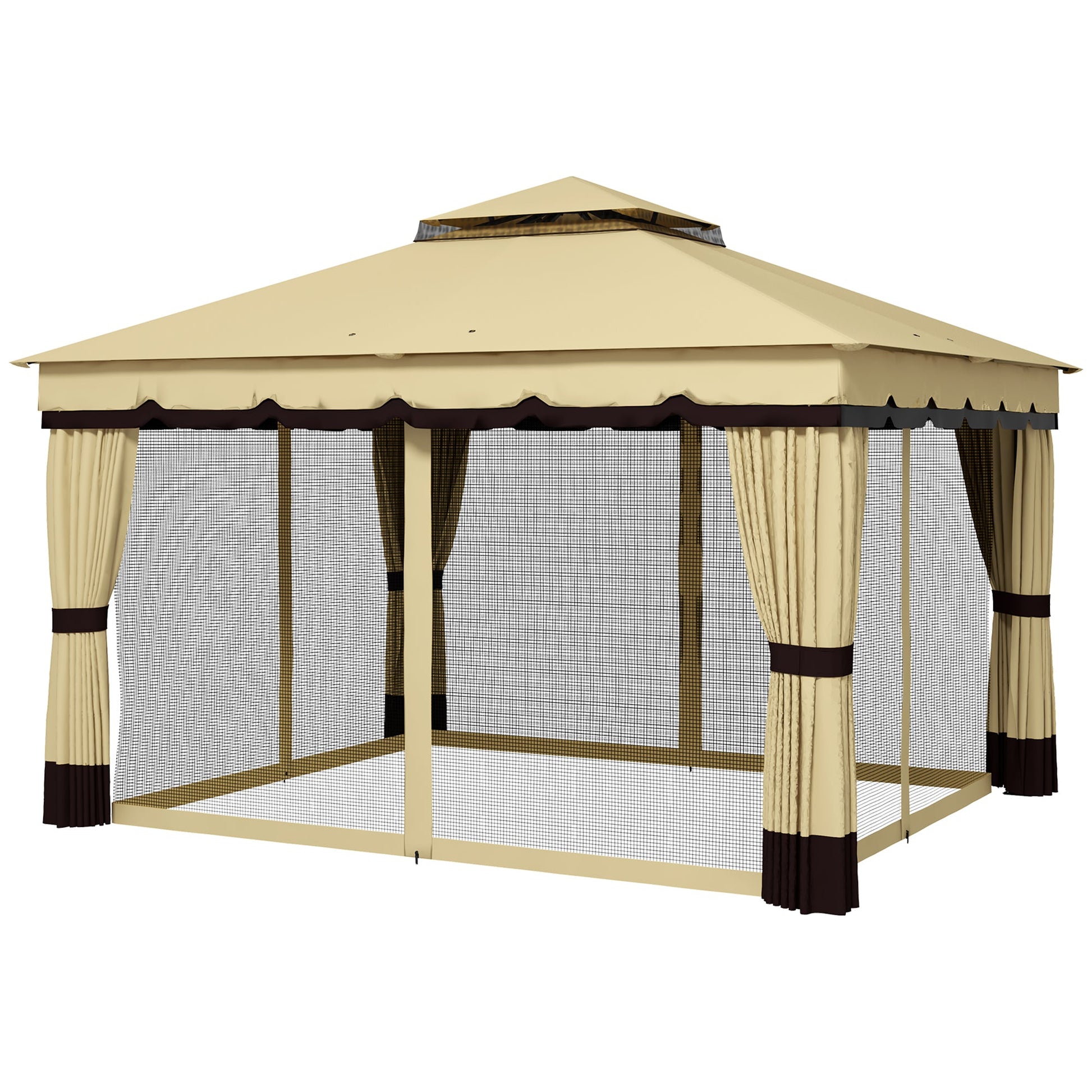  10' x 12' Patio Gazebo, Double Roof Outdoor Gazebo Canopy Shelter with Netting and Curtains, Solid Metal Frame for Garden, Lawn and Deck, Beige