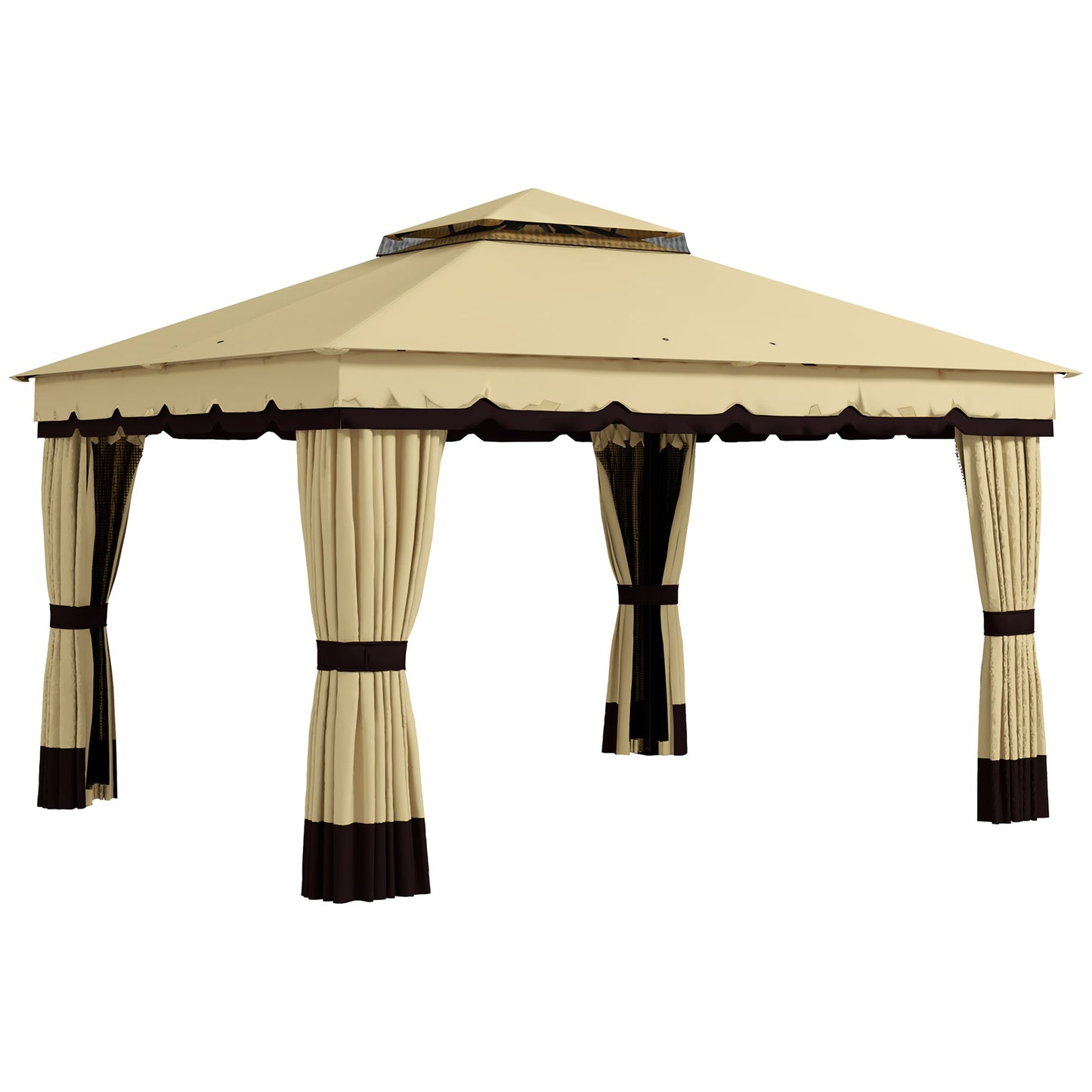  10' x 12' Patio Gazebo, Double Roof Outdoor Gazebo Canopy Shelter with Netting and Curtains, Solid Metal Frame for Garden, Lawn and Deck, Beige