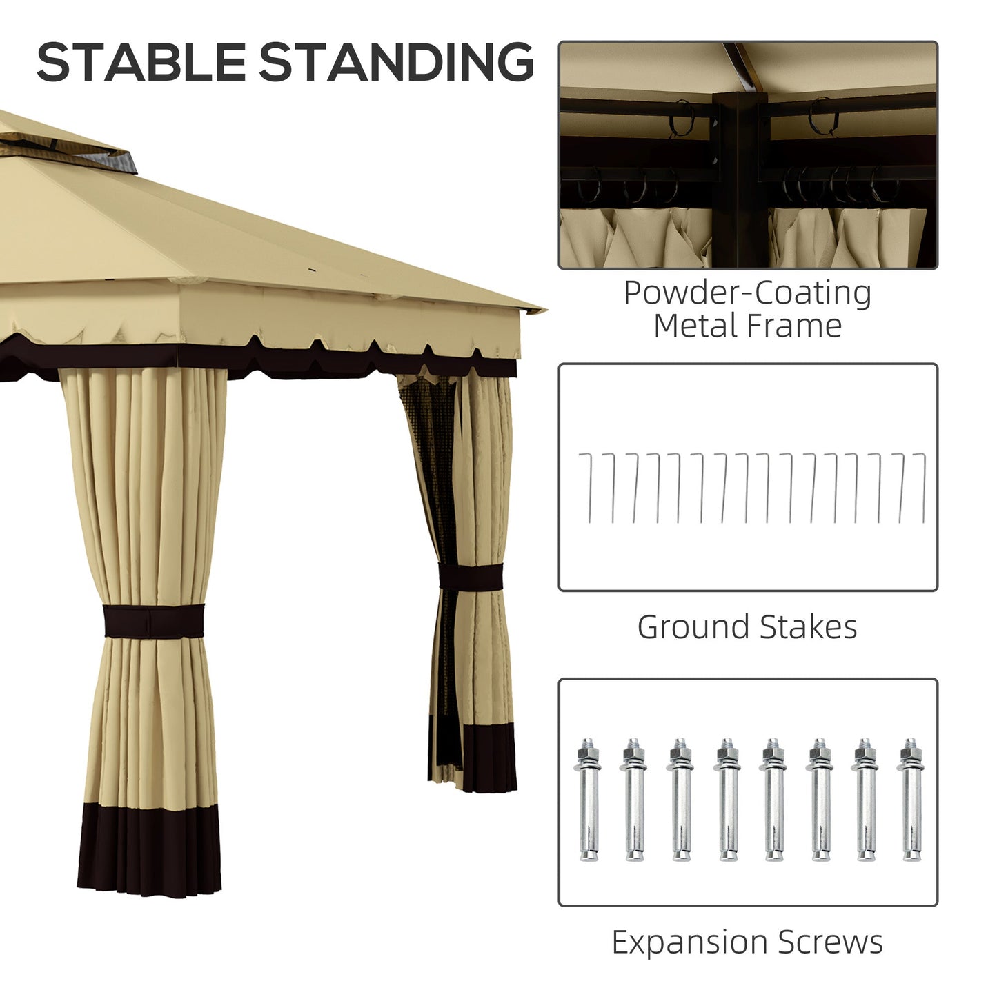  10' x 12' Patio Gazebo, Double Roof Outdoor Gazebo Canopy Shelter with Netting and Curtains, Solid Metal Frame for Garden, Lawn and Deck, Beige