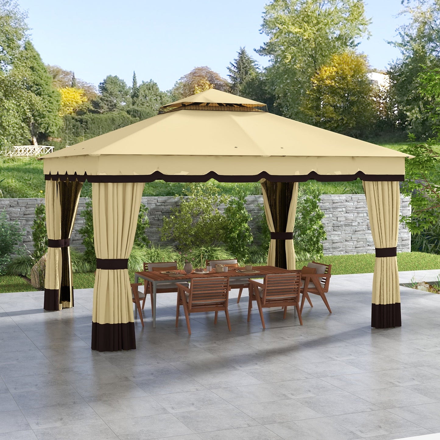  10' x 12' Patio Gazebo, Double Roof Outdoor Gazebo Canopy Shelter with Netting and Curtains, Solid Metal Frame for Garden, Lawn and Deck, Beige