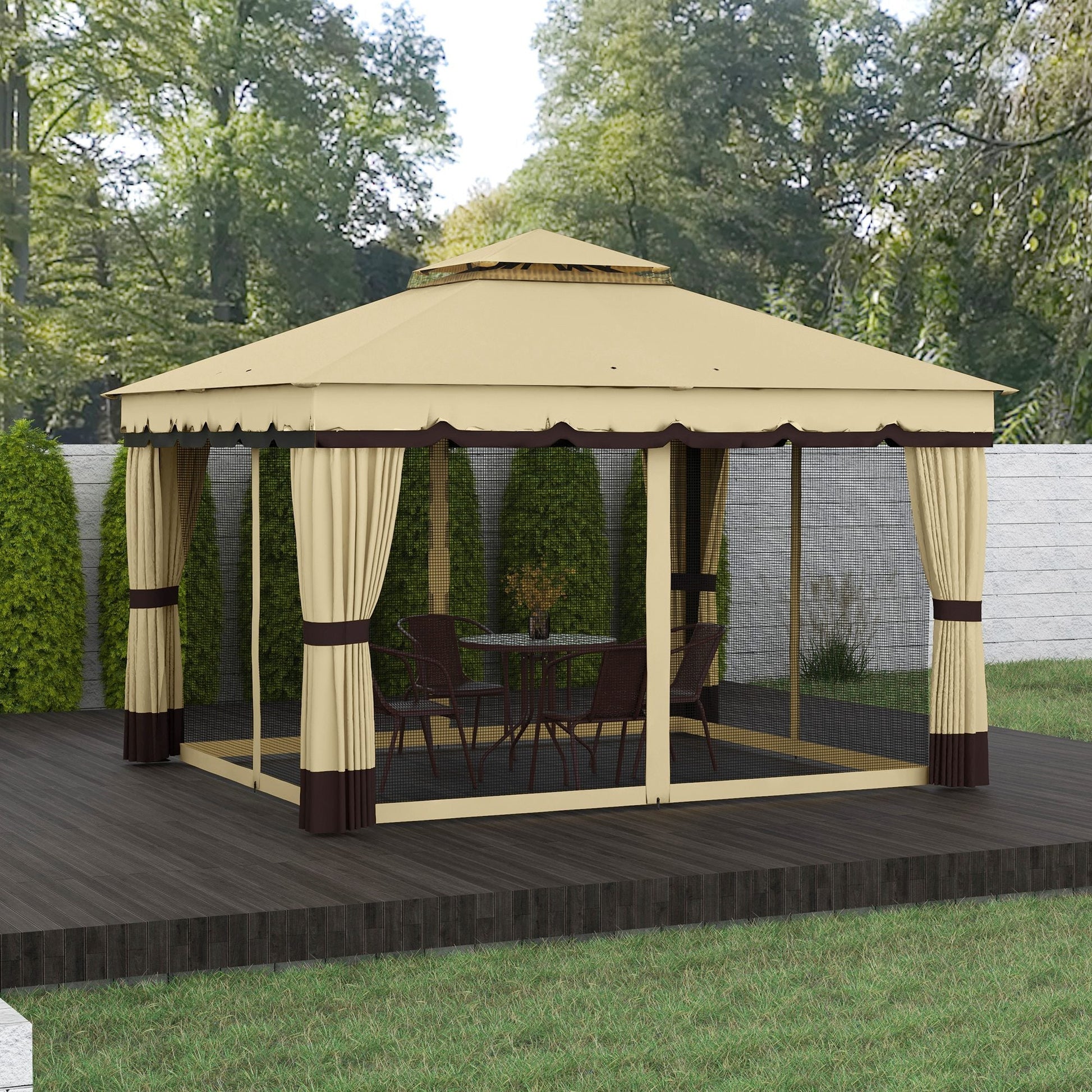  10' x 12' Patio Gazebo, Double Roof Outdoor Gazebo Canopy Shelter with Netting and Curtains, Solid Metal Frame for Garden, Lawn and Deck, Beige