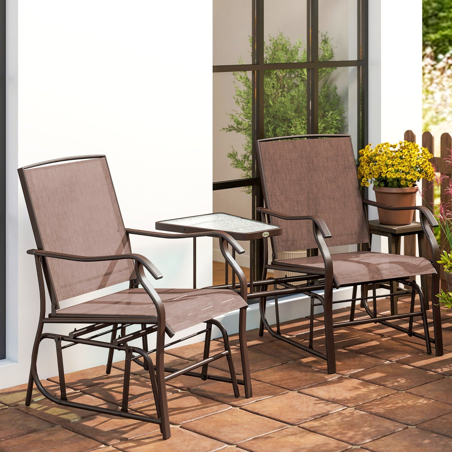Double Patio Glider Chair with Glass Top Center Table, Outdoor Glider Loveseat with High Back,  All Weather Breathable Mesh Fabric for Garden, Backyard, Deck, Brown