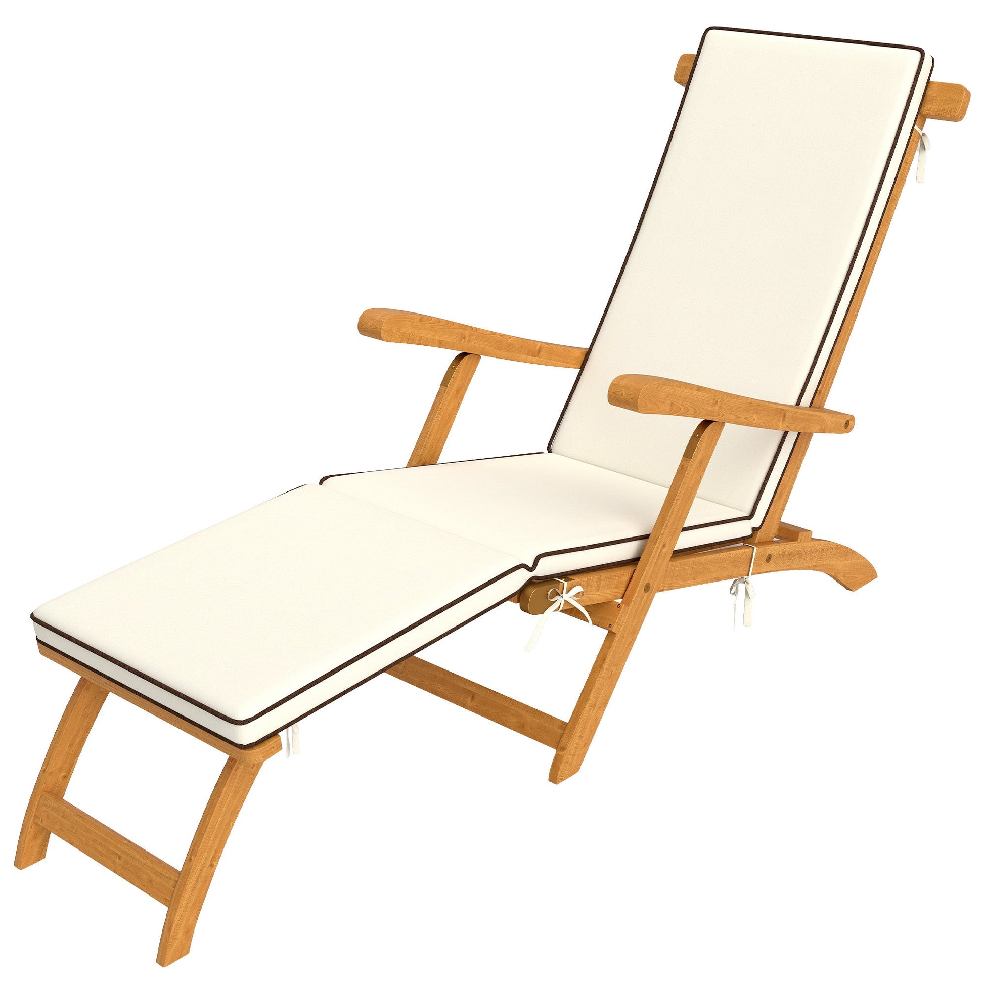 Outdoor Lounge Chair, Acacia Wood Folding Chaise Lounge Chair Recliner with Adjustable Footrest, Padded Cushion, Recline Back and Armrests for Patio Garden, White