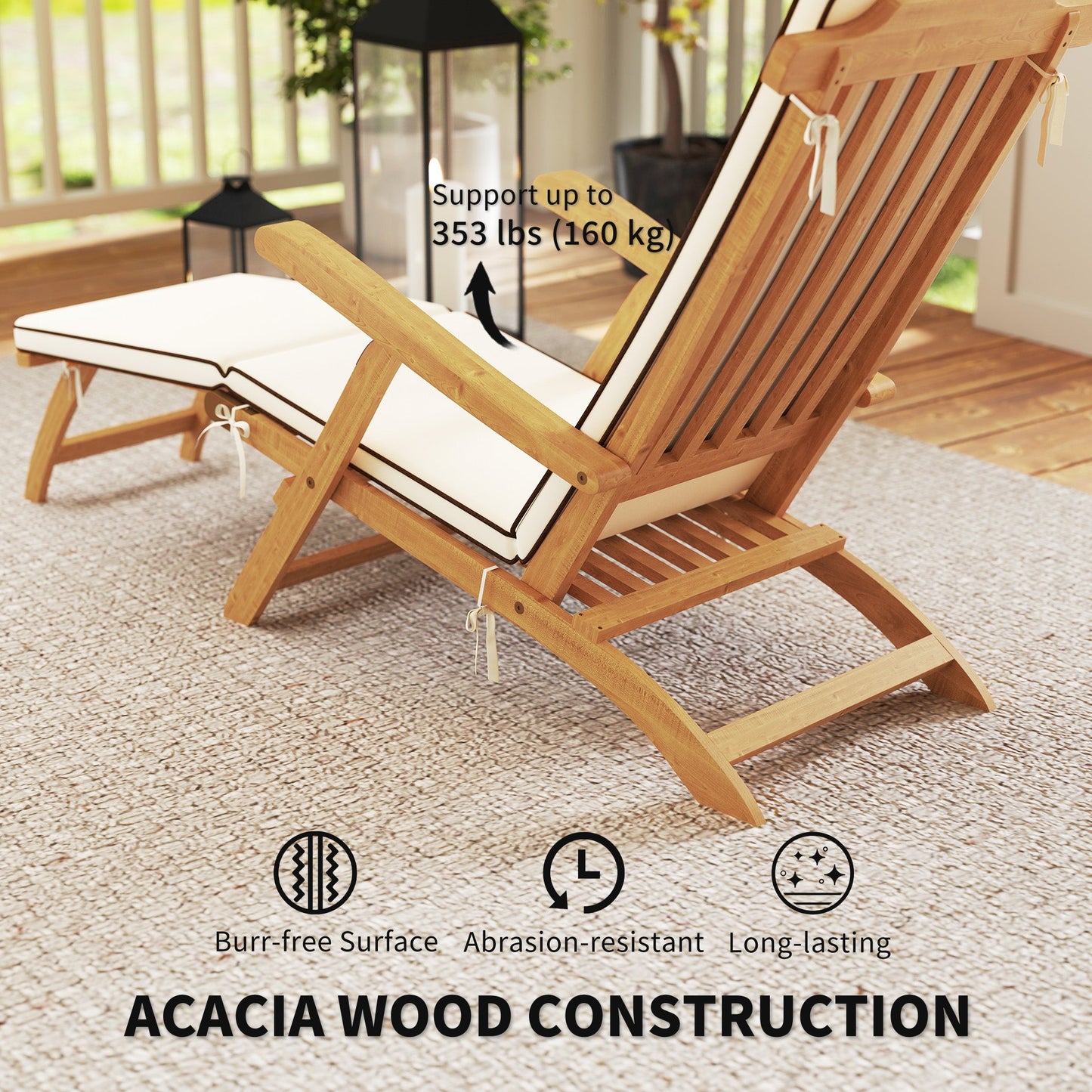 Outdoor Lounge Chair, Acacia Wood Folding Chaise Lounge Chair Recliner with Adjustable Footrest, Padded Cushion, Recline Back and Armrests for Patio Garden, White