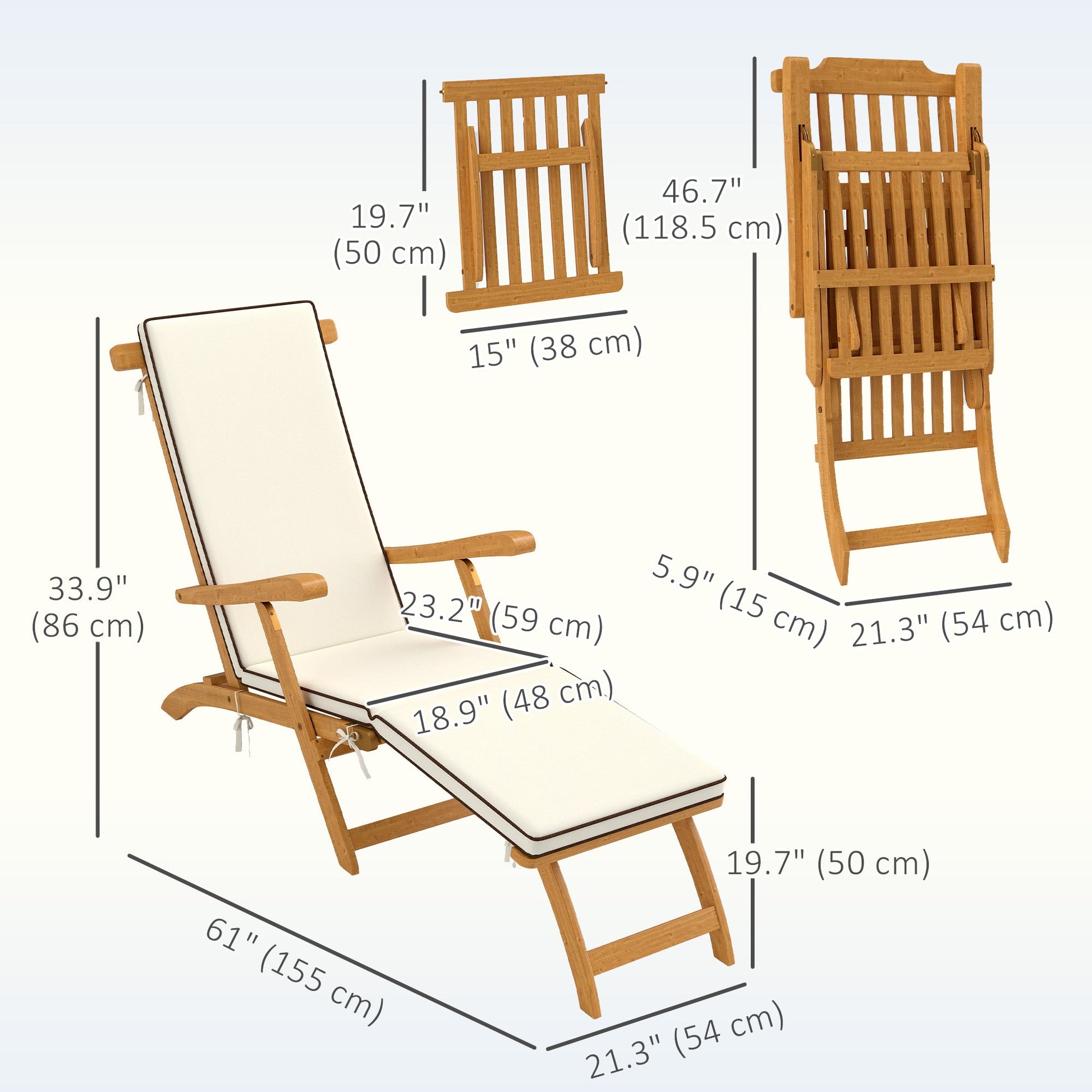 Outdoor Lounge Chair, Acacia Wood Folding Chaise Lounge Chair Recliner with Adjustable Footrest, Padded Cushion, Recline Back and Armrests for Patio Garden, White