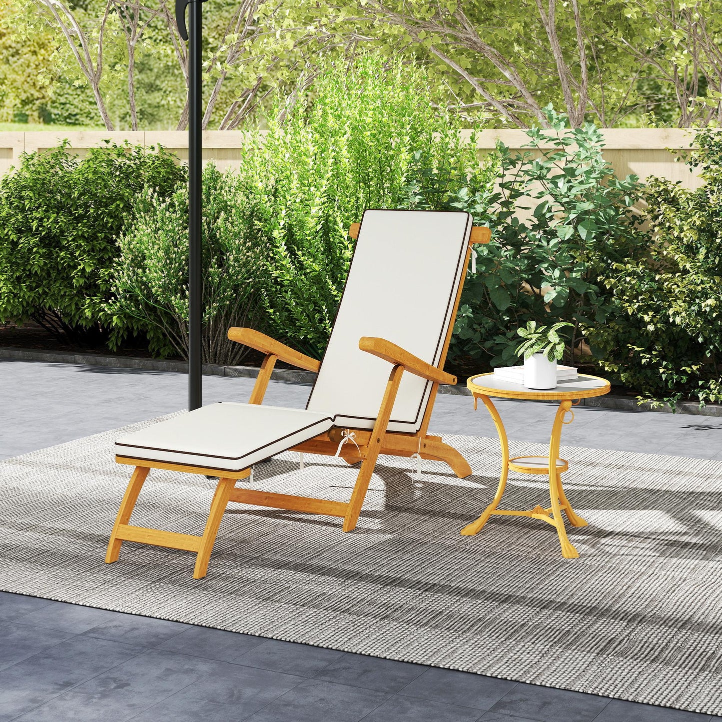 Outdoor Lounge Chair, Acacia Wood Folding Chaise Lounge Chair Recliner with Adjustable Footrest, Padded Cushion, Recline Back and Armrests for Patio Garden, White