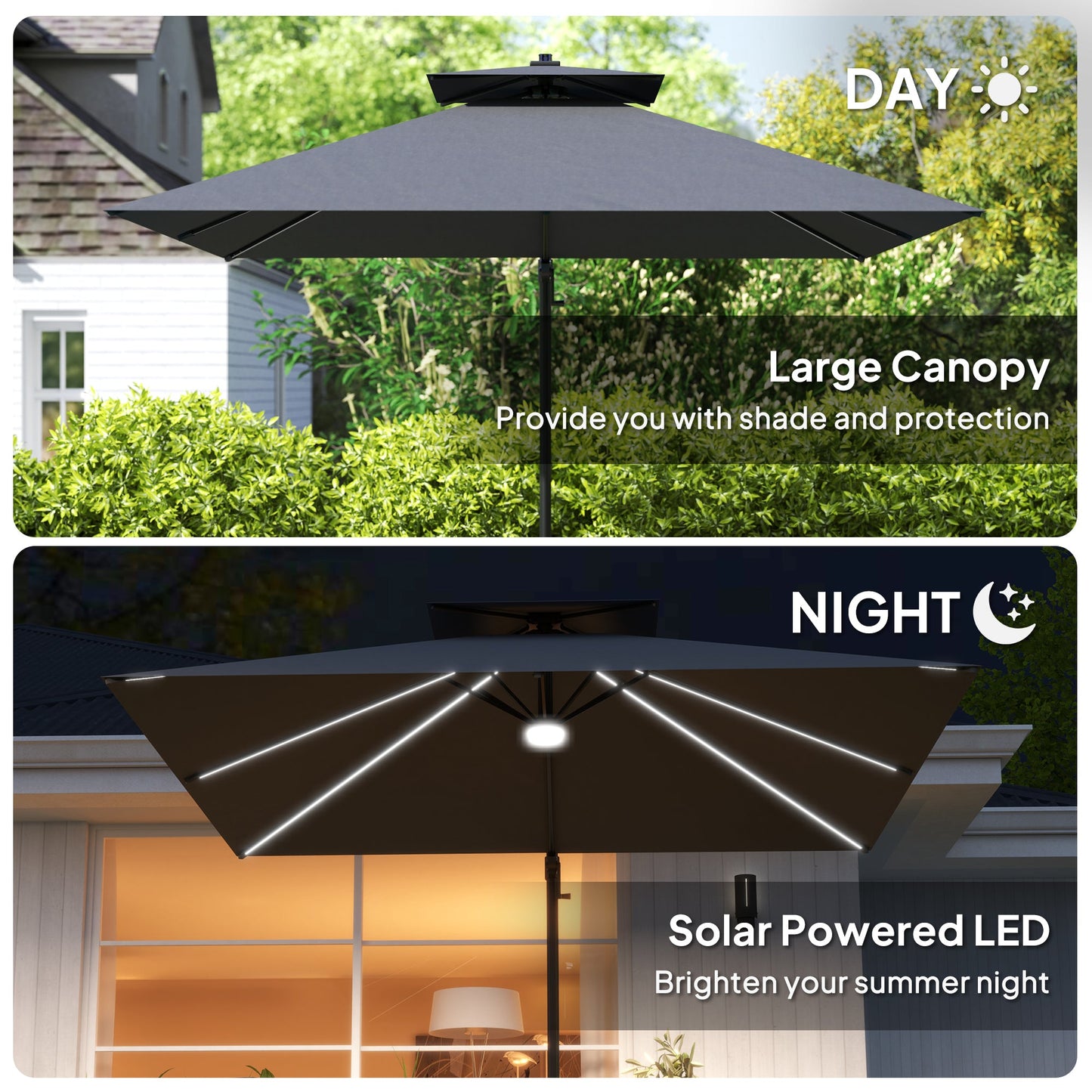 8' Cantilever Patio Umbrella with Solar Powered LED Lights, Hanging Offset Umbrella with 360°Rotation, Tilt Adjustment, Crank, Cross Base for Garden, Dark Grey