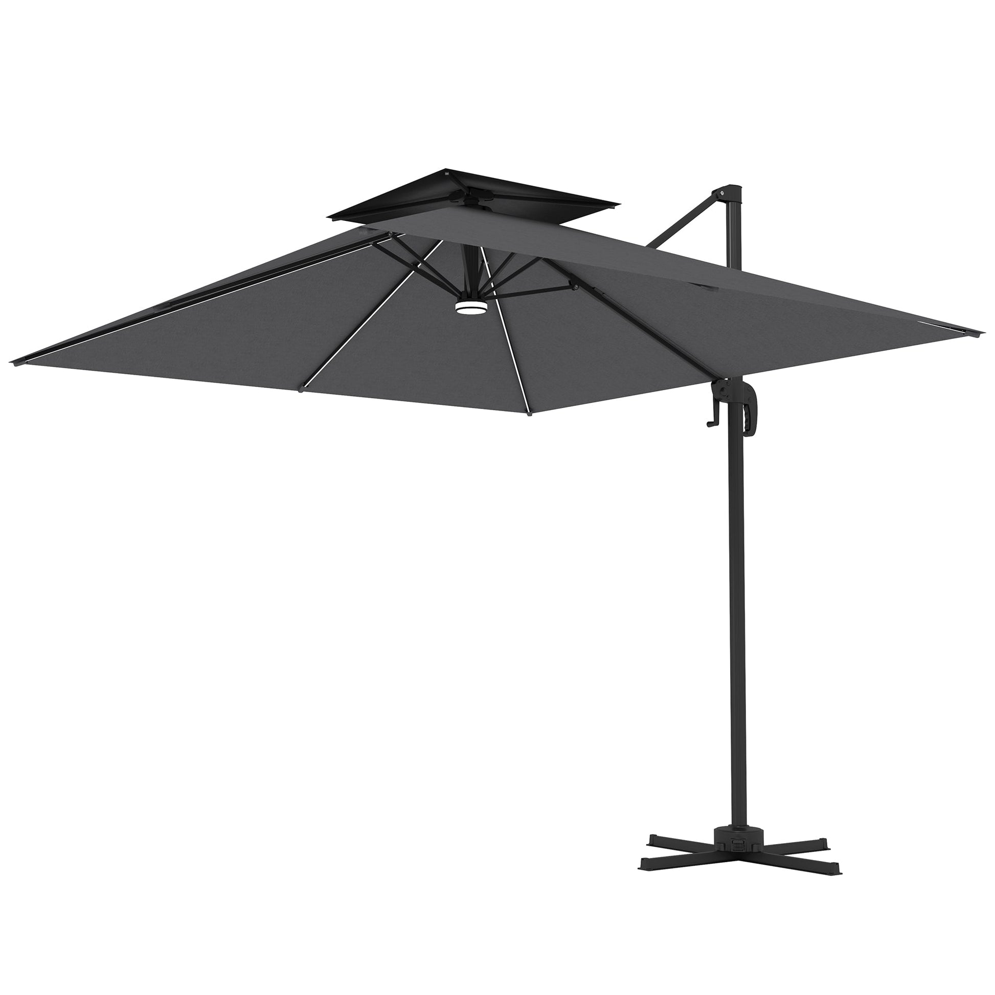 8' Cantilever Patio Umbrella with Solar Powered LED Lights, Hanging Offset Umbrella with 360°Rotation, Tilt Adjustment, Crank, Cross Base for Garden, Dark Grey