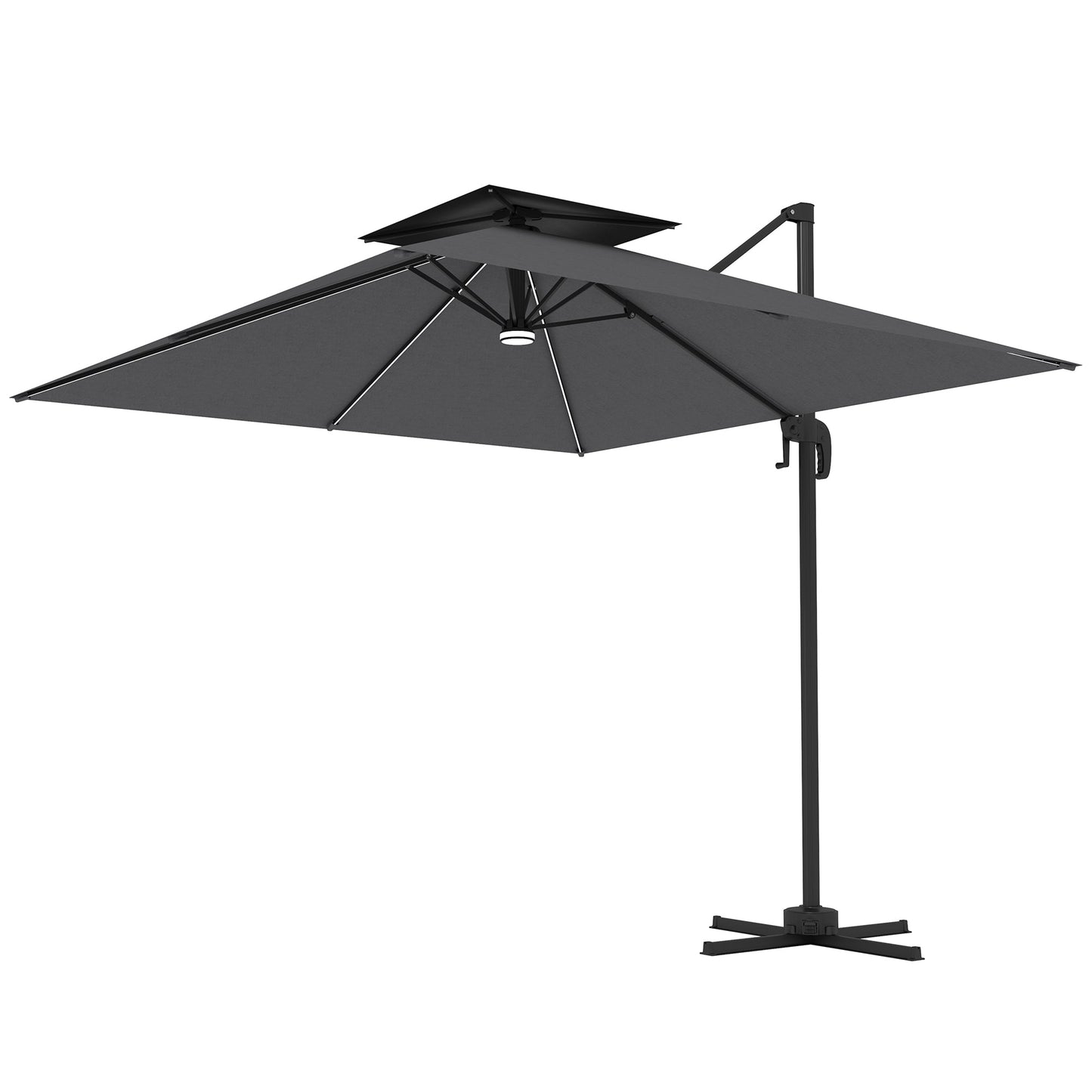 8' Cantilever Patio Umbrella with Solar Powered LED Lights, Hanging Offset Umbrella with 360°Rotation, Tilt Adjustment, Crank, Cross Base for Garden, Dark Grey