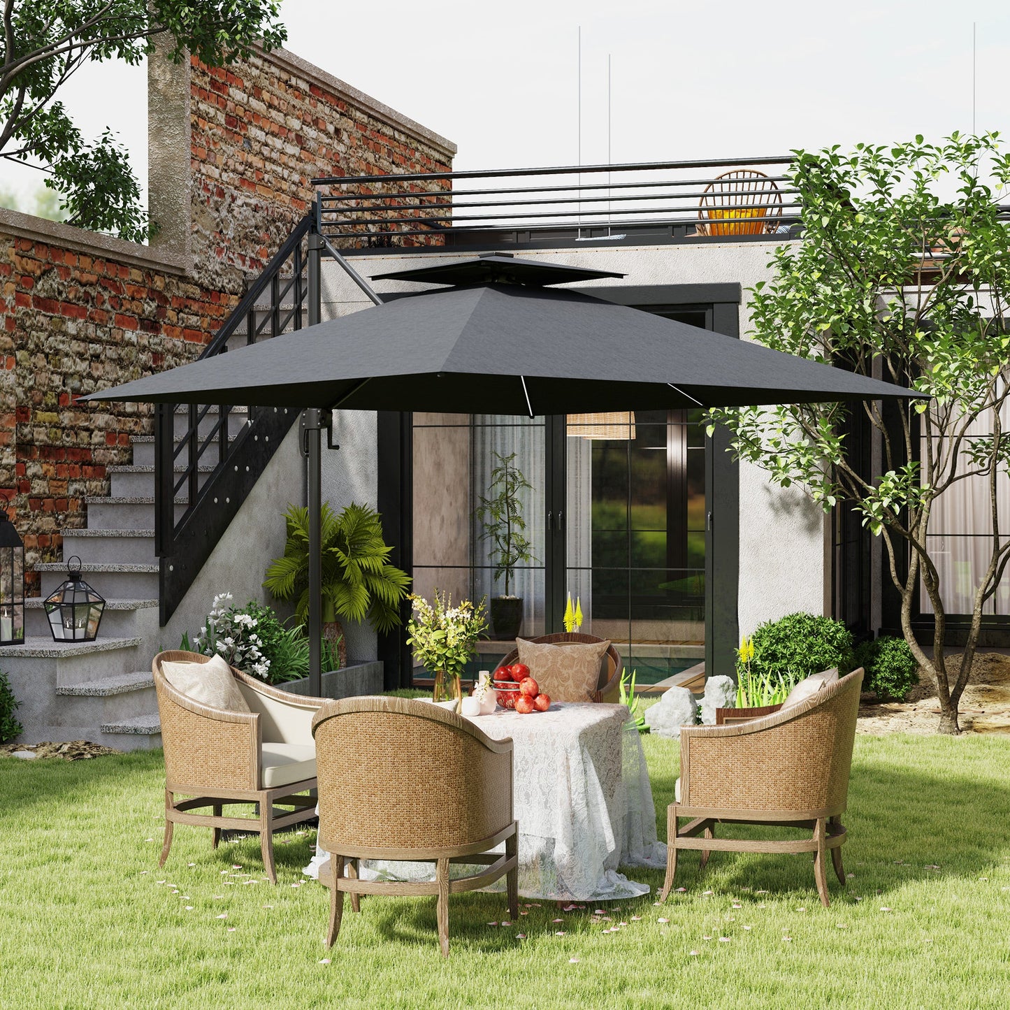 8' Cantilever Patio Umbrella with Solar Powered LED Lights, Hanging Offset Umbrella with 360°Rotation, Tilt Adjustment, Crank, Cross Base for Garden, Dark Grey
