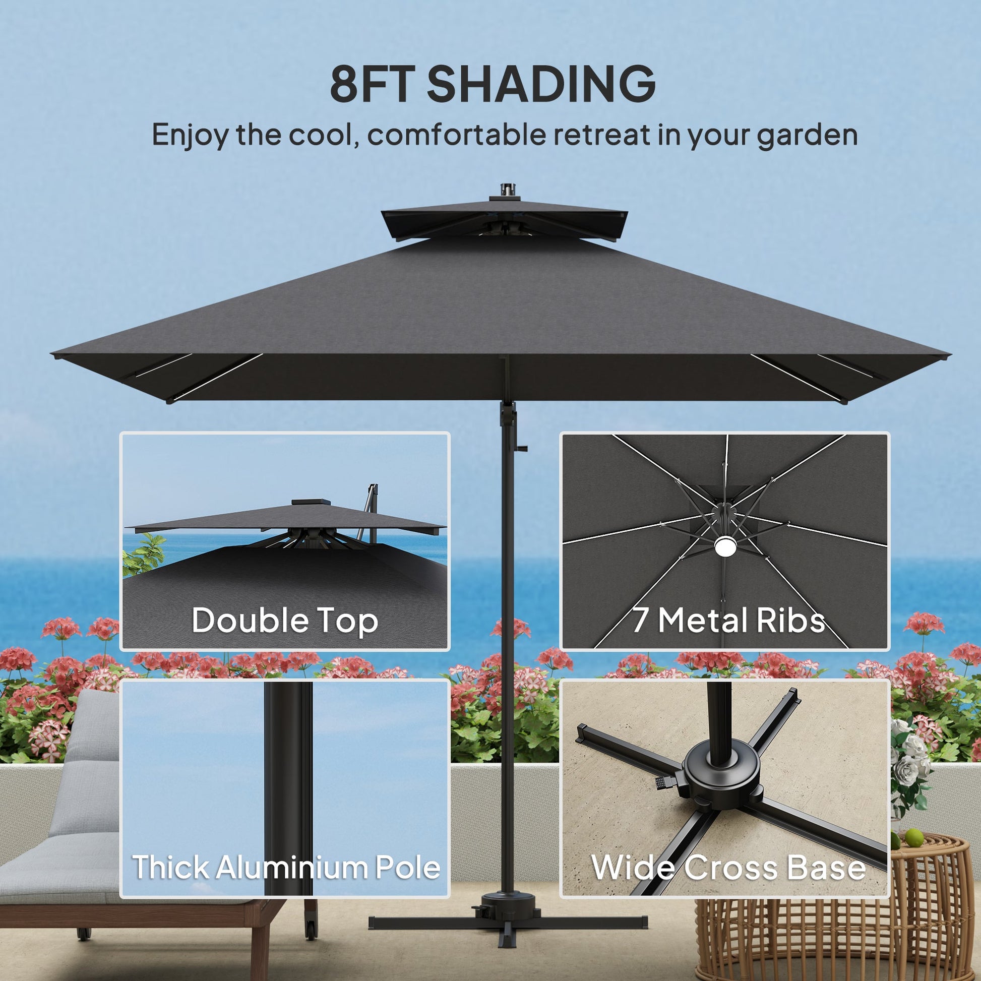 8' Cantilever Patio Umbrella with Solar Powered LED Lights, Hanging Offset Umbrella with 360°Rotation, Tilt Adjustment, Crank, Cross Base for Garden, Dark Grey