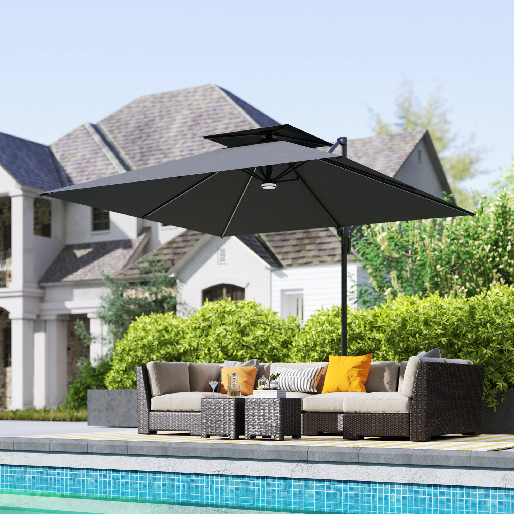 8' Cantilever Patio Umbrella with Solar Powered LED Lights, Hanging Offset Umbrella with 360°Rotation, Tilt Adjustment, Crank, Cross Base for Garden, Dark Grey